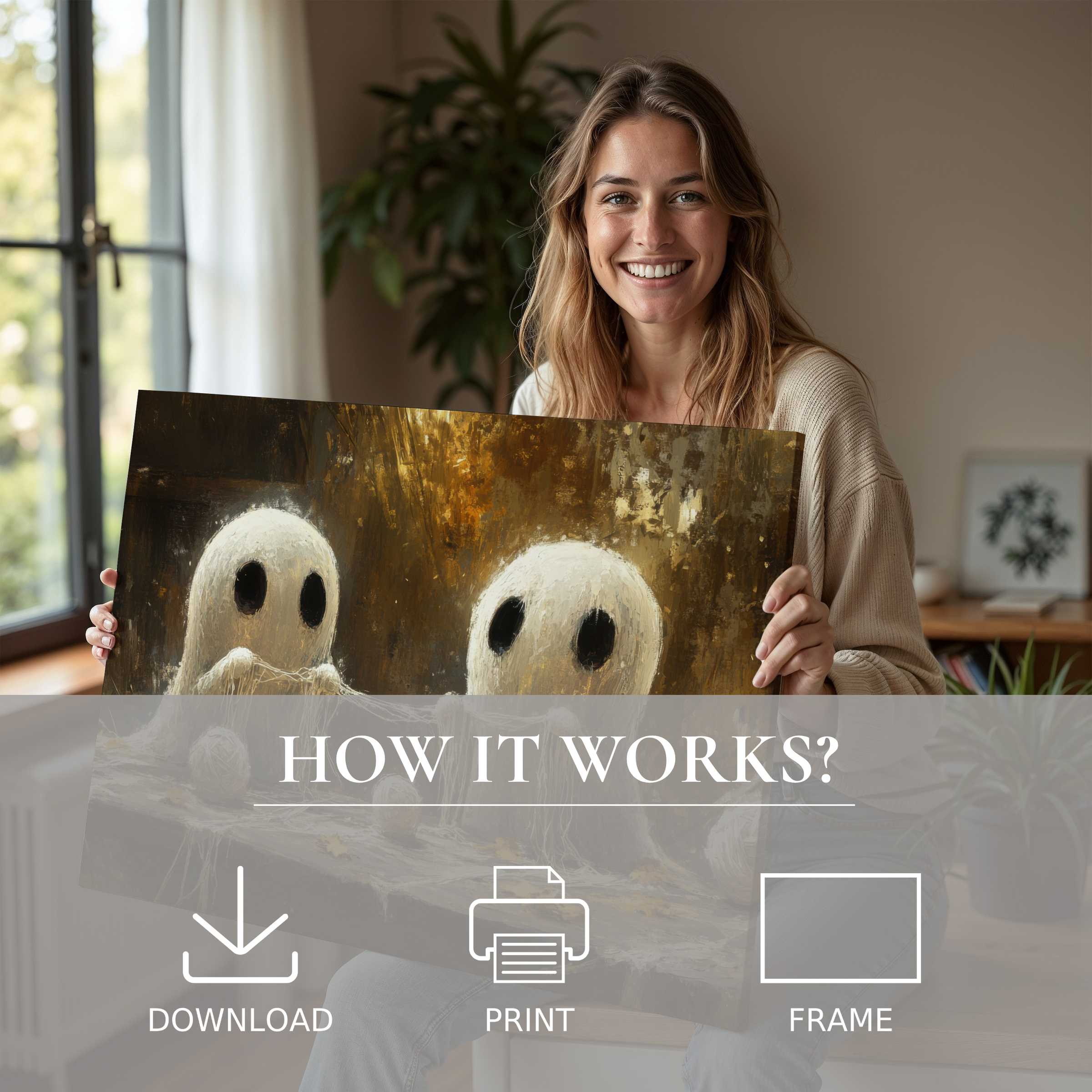 A joyful moment revealing a warm, inviting halloween digital art print that transforms a modern home with effortless charm