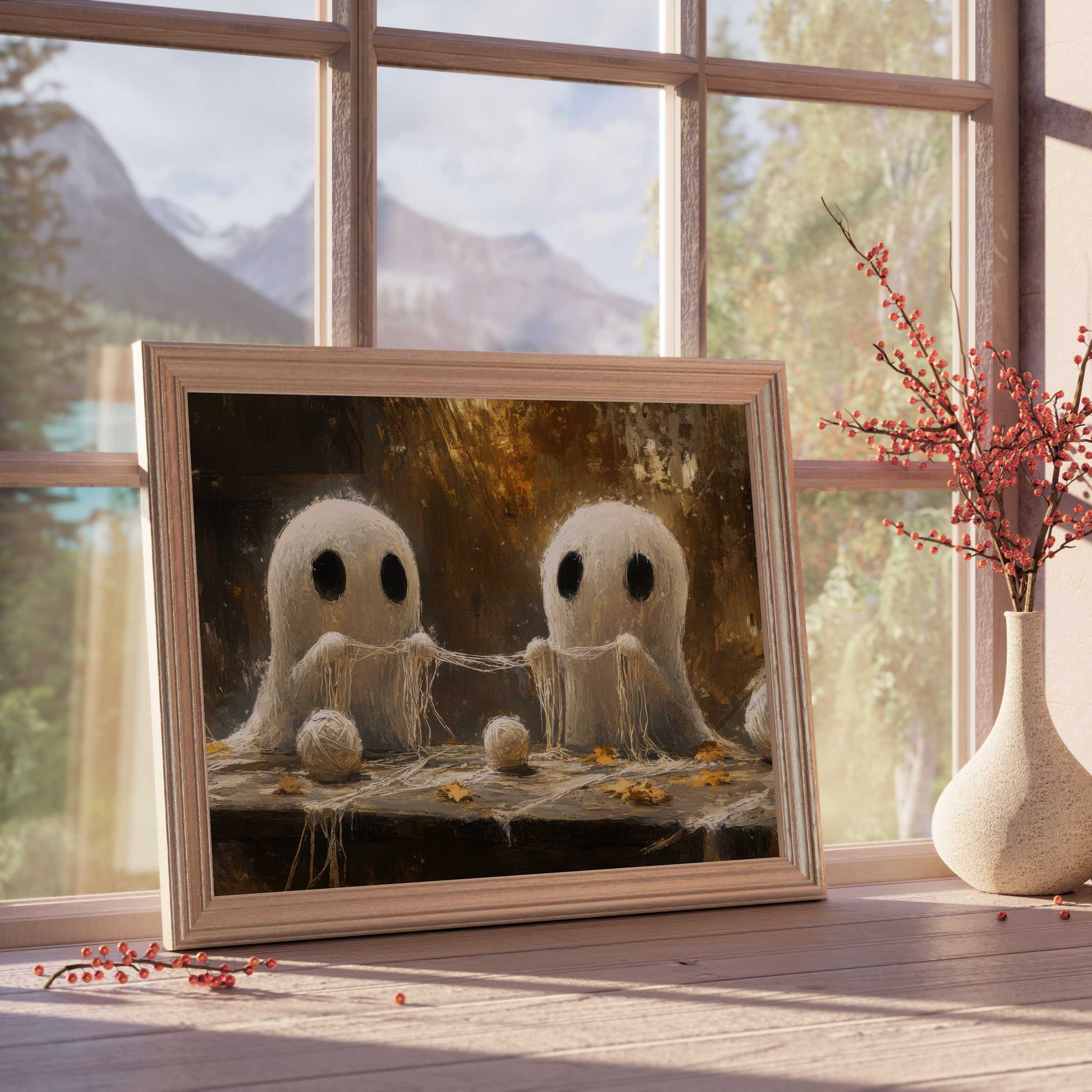 Whimsical Halloween downloadable art showcasing charming ghosts knitting yarn, evoking cozy, warm autumnal vibes in curated, tranquil interiors