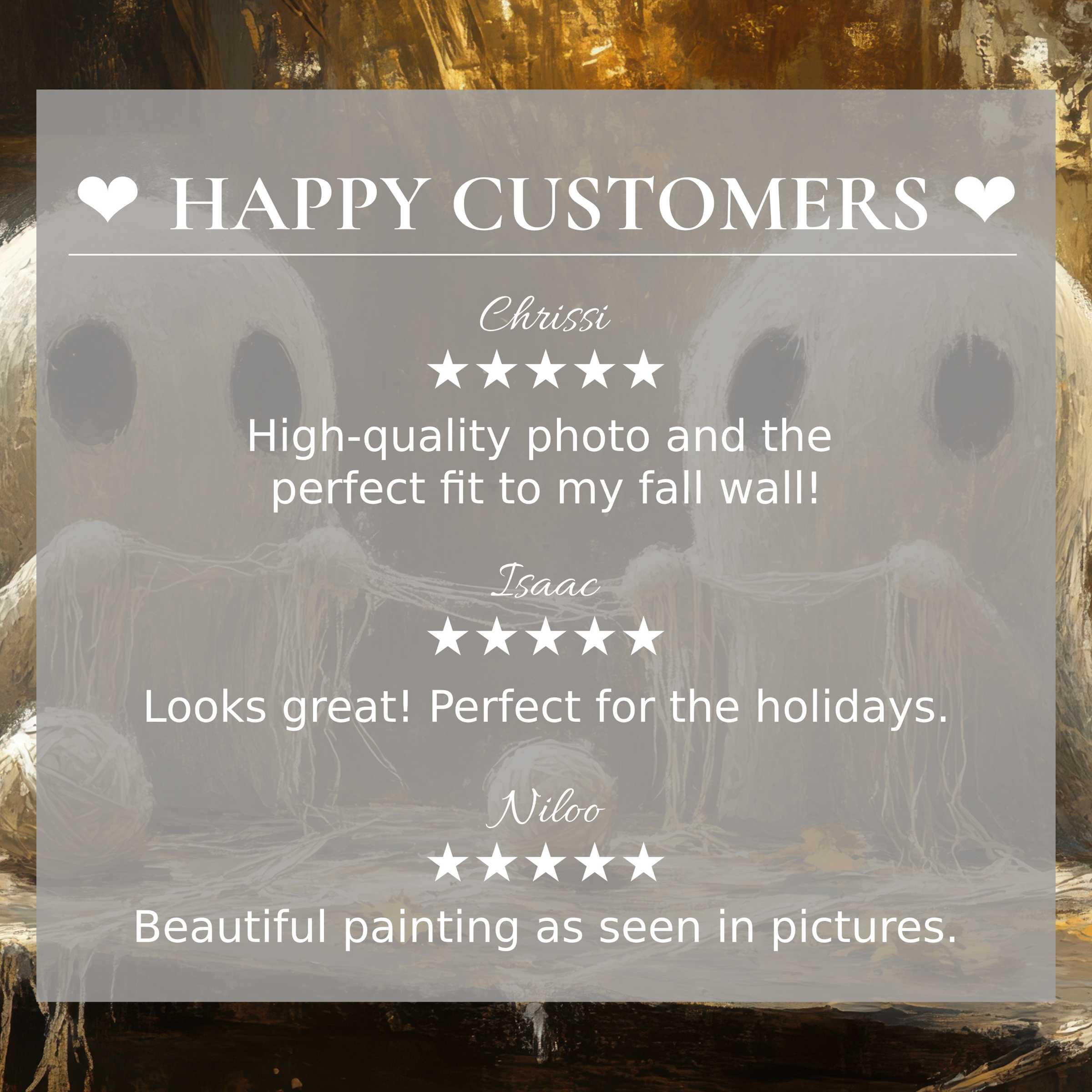 Halloween art for Frame TV with abstract earthy tones, showcasing happy customer reviews and elegant design trust