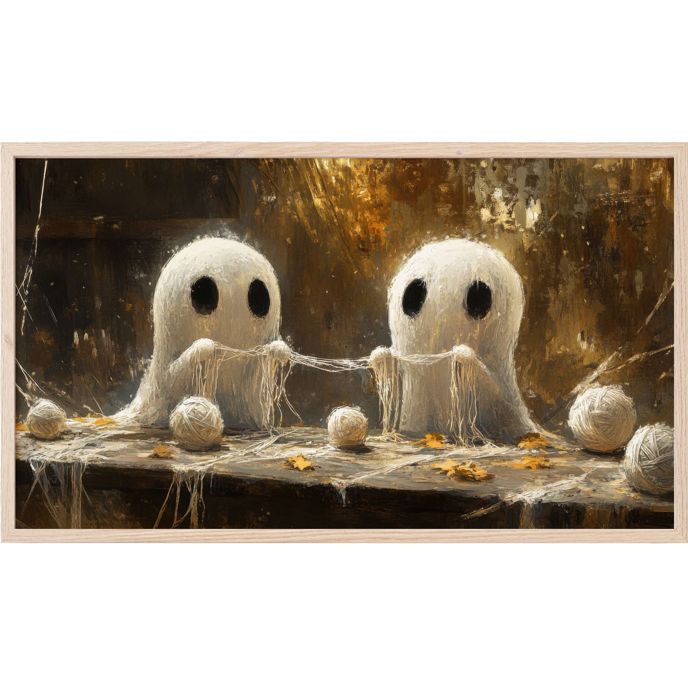 Halloween Frame TV Art featuring two soft white ghosts in warm browns, knitting yarn with subtle autumn elegance