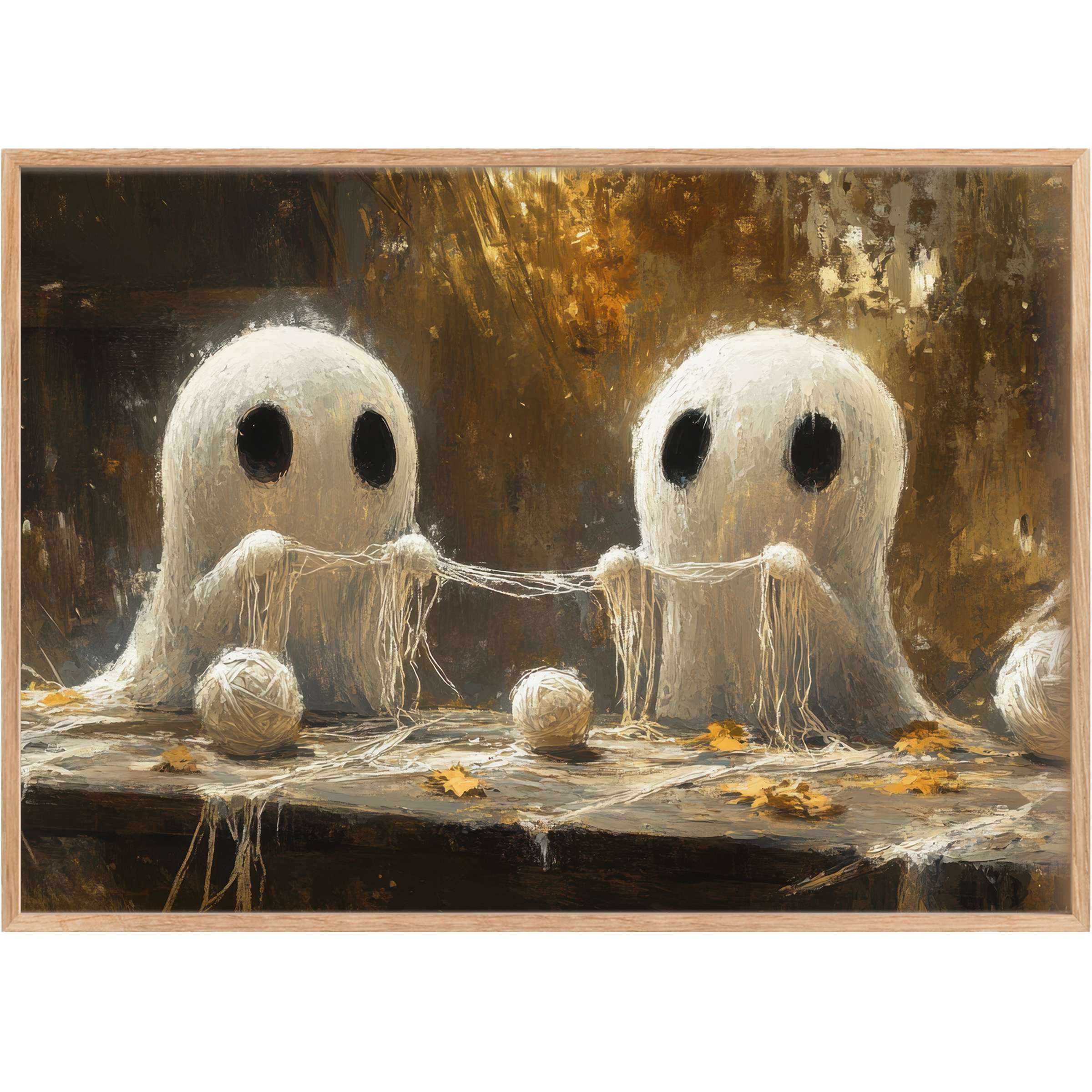 Whimsical Halloween printable wall art featuring soft white ghosts entwined in glowing golden threads, creating a cozy, enchanting autumnal mood