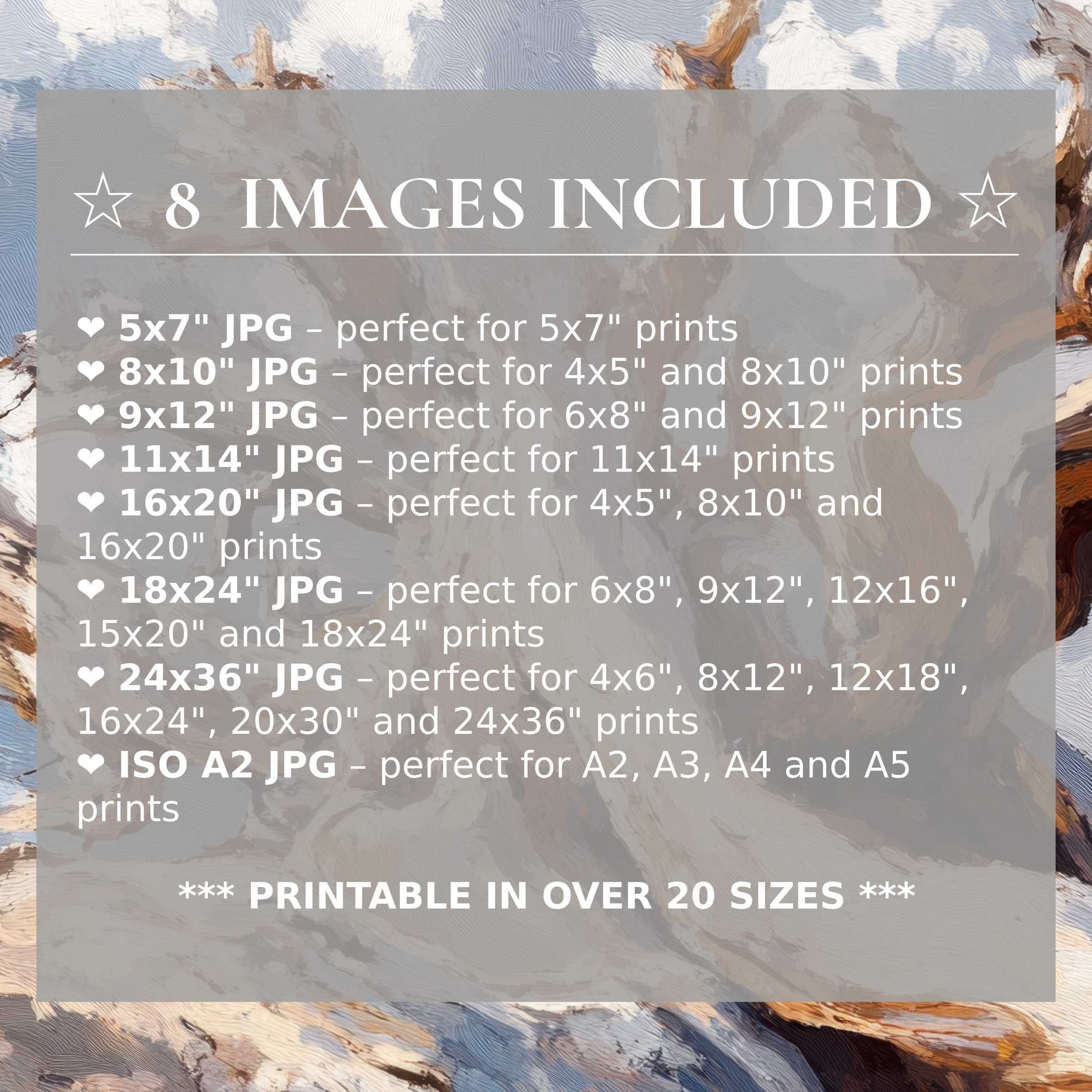 Print size guide showing 8 included JPG formats for versatile wall art printing – perfect for framing in popular sizes from 5x7 to 24x36 and A2