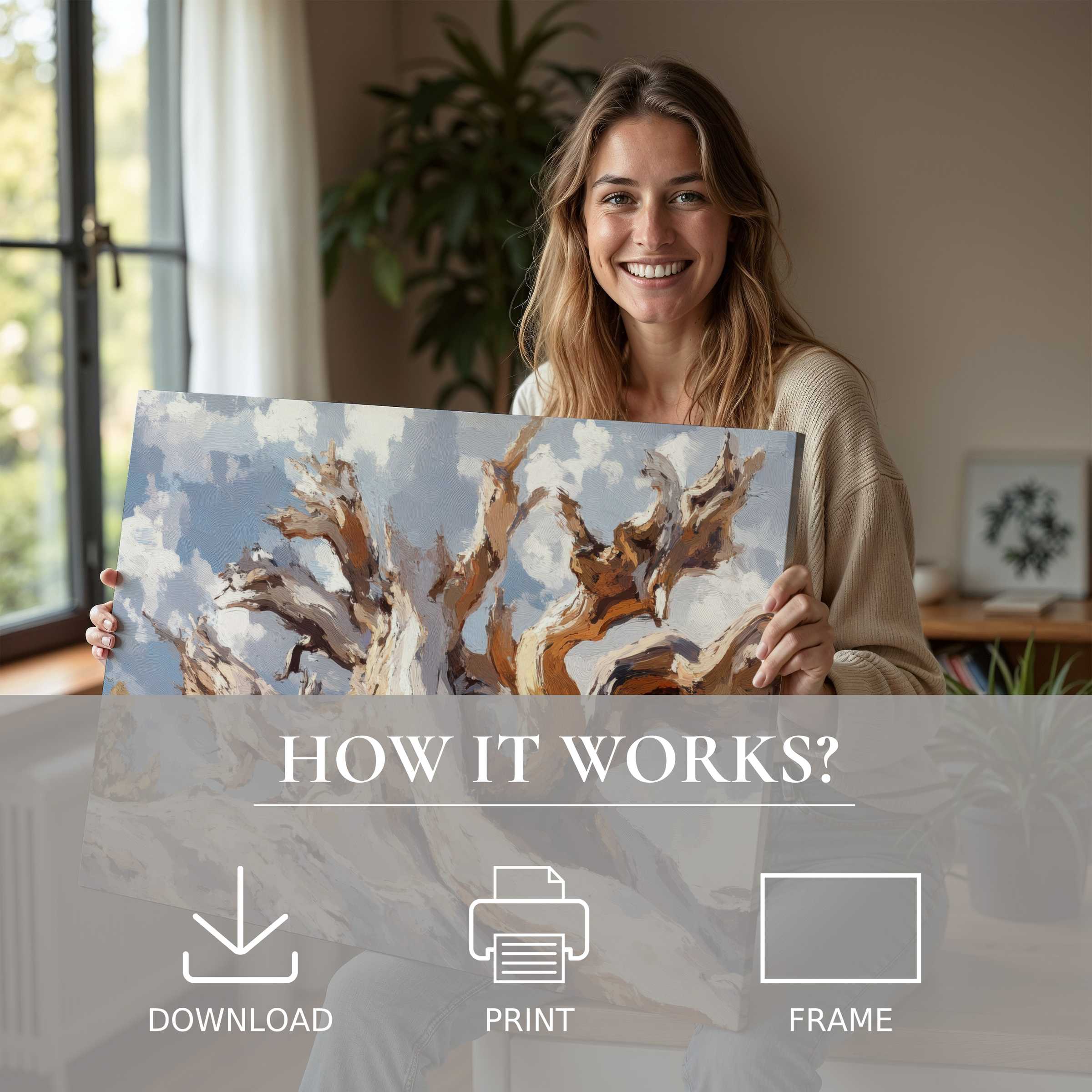 A joyful moment unveiling a tree digital art print, blending warm earth tones and soft blues to elevate serene modern living