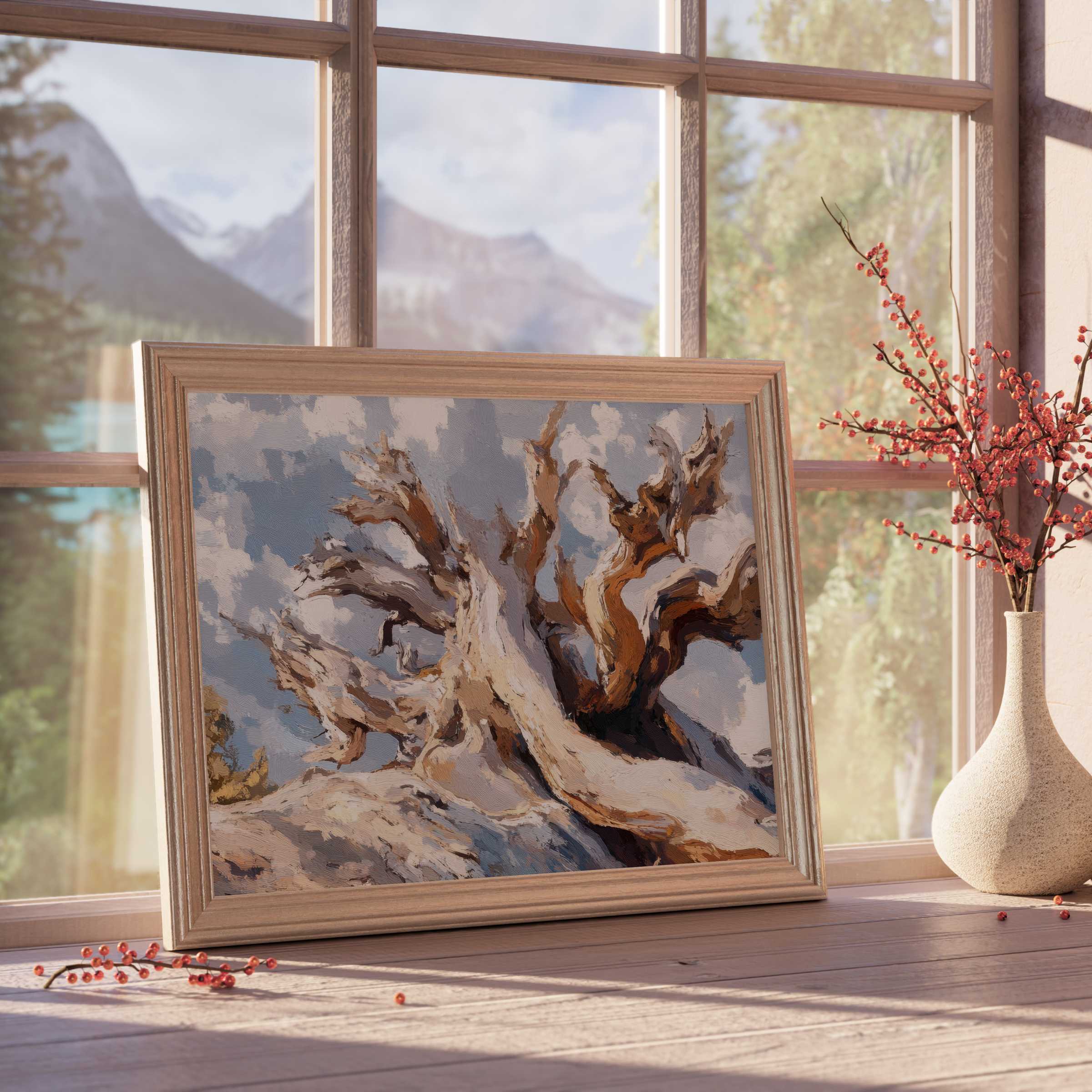 Majestic tree downloadable art featuring textured, weathered wood tones, perfect for curating tranquil, nature-inspired premium interiors