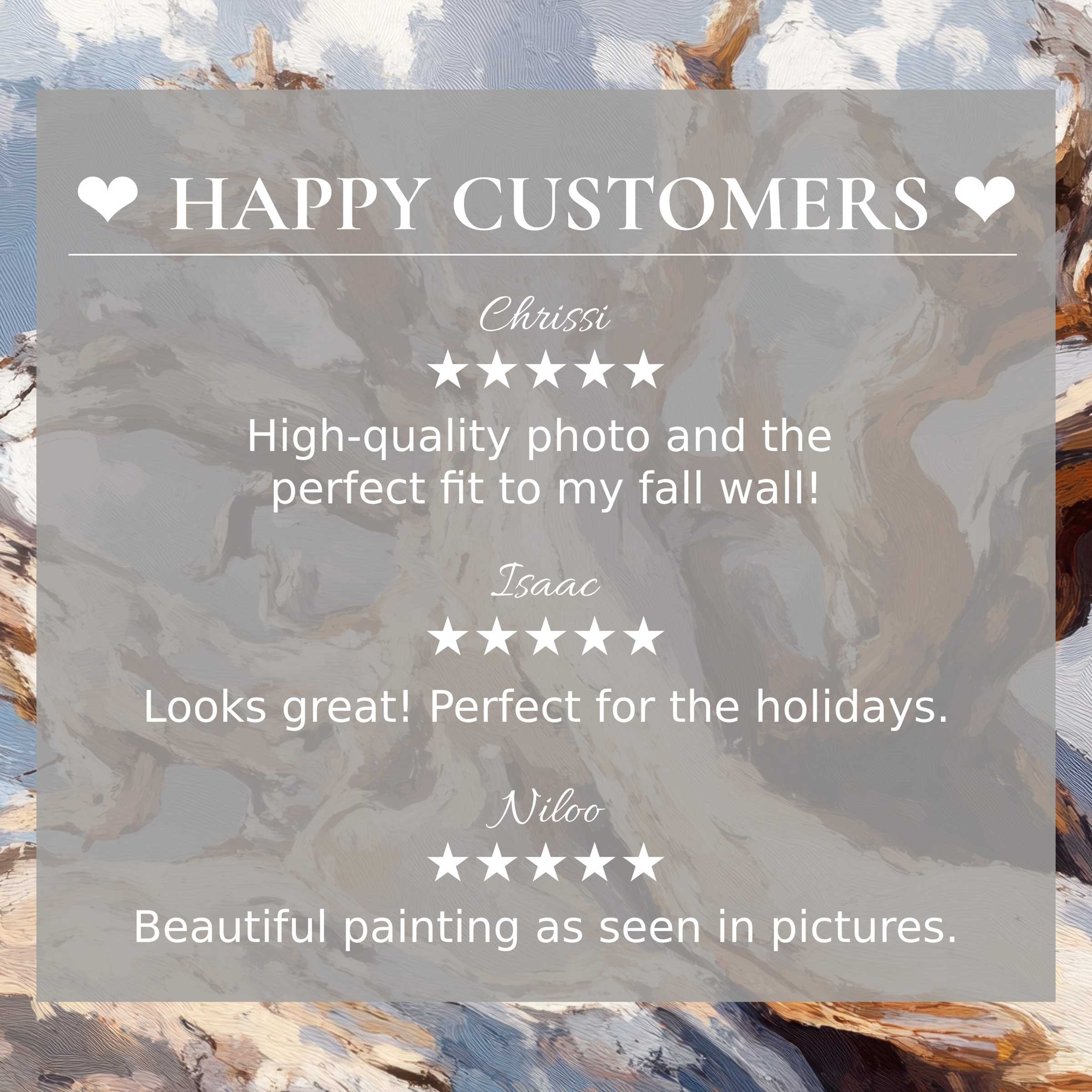 Trustworthy layout with abstract sunset colors highlights happy customer reviews of elegant trees art for Frame TV