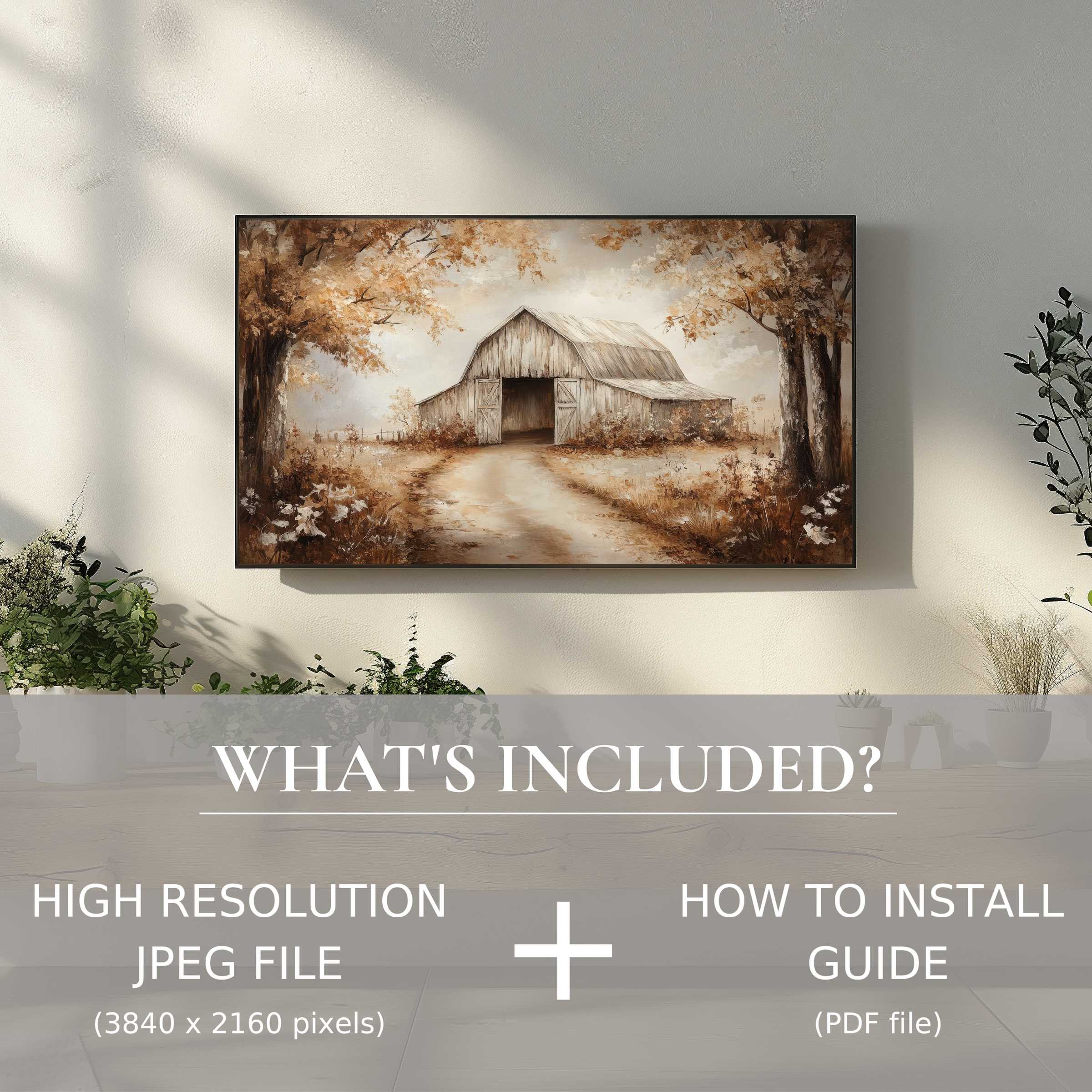 Elegant fall digital TV art download showcasing a rustic barn scene, enhancing living spaces with easy digital use