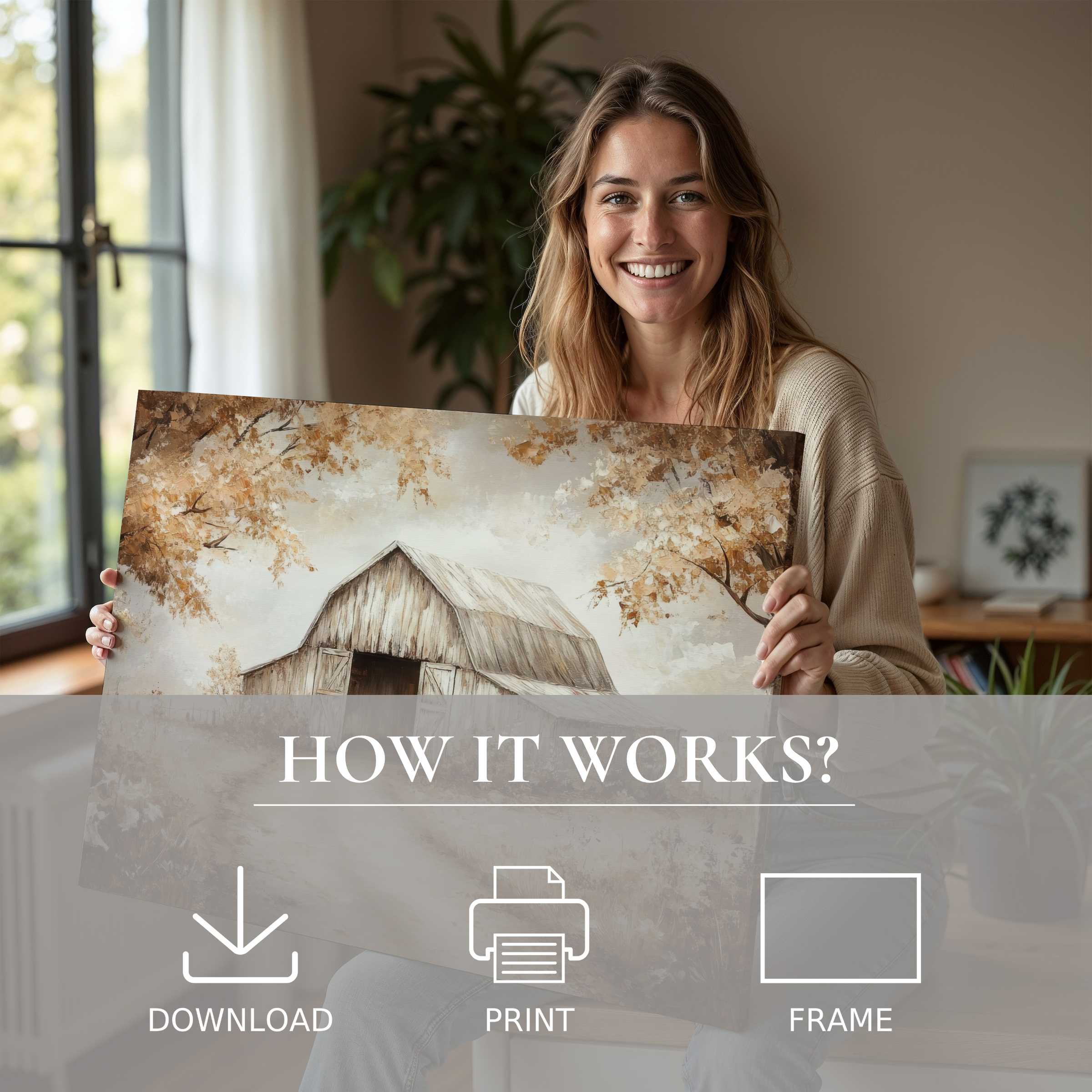 A fall digital art print capturing a rustic barn framed by golden leaves, evoking warmth and serene joy in a modern home