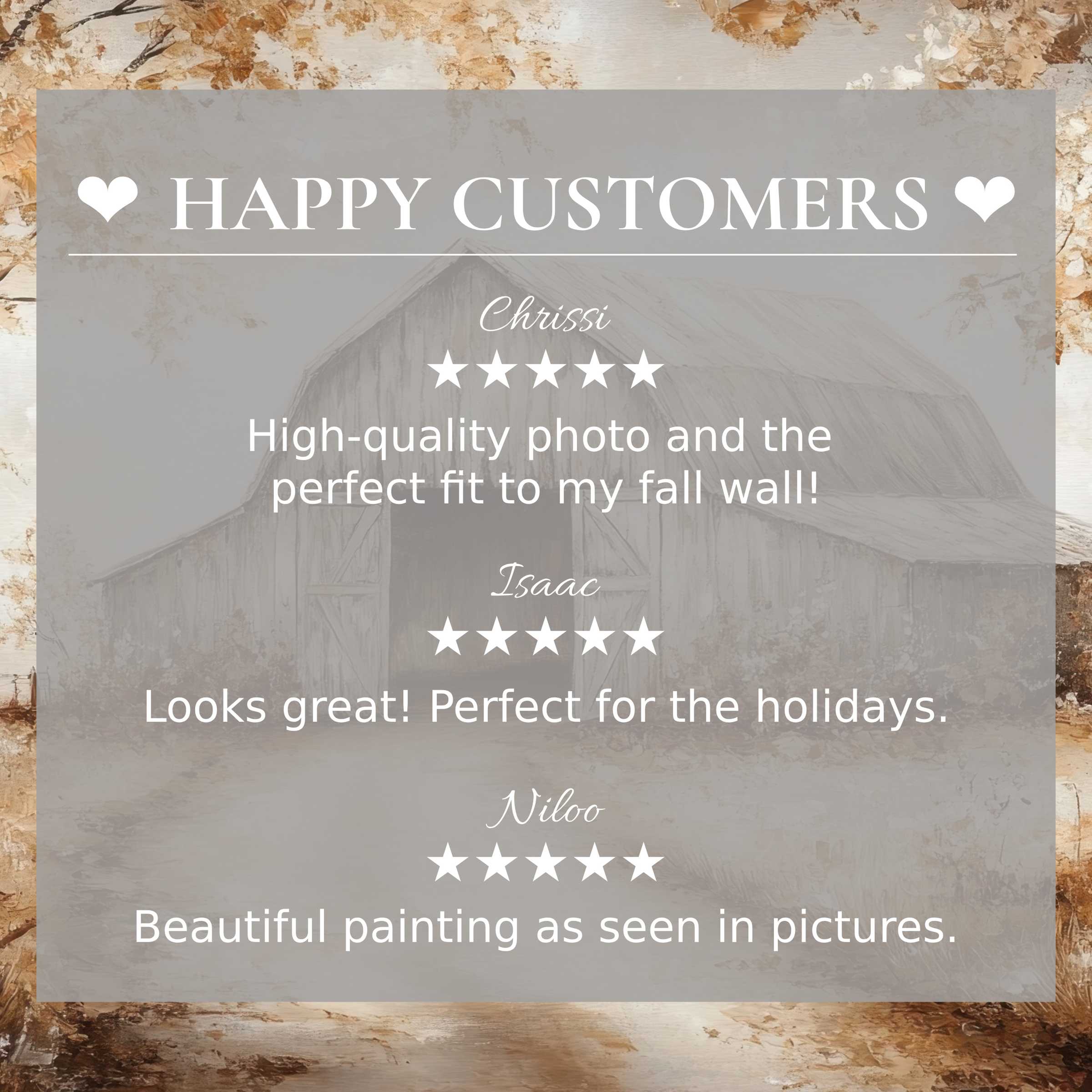 Fall art for Frame TV with abstract barn backdrop; happy customer reviews build trust and highlight elegant design