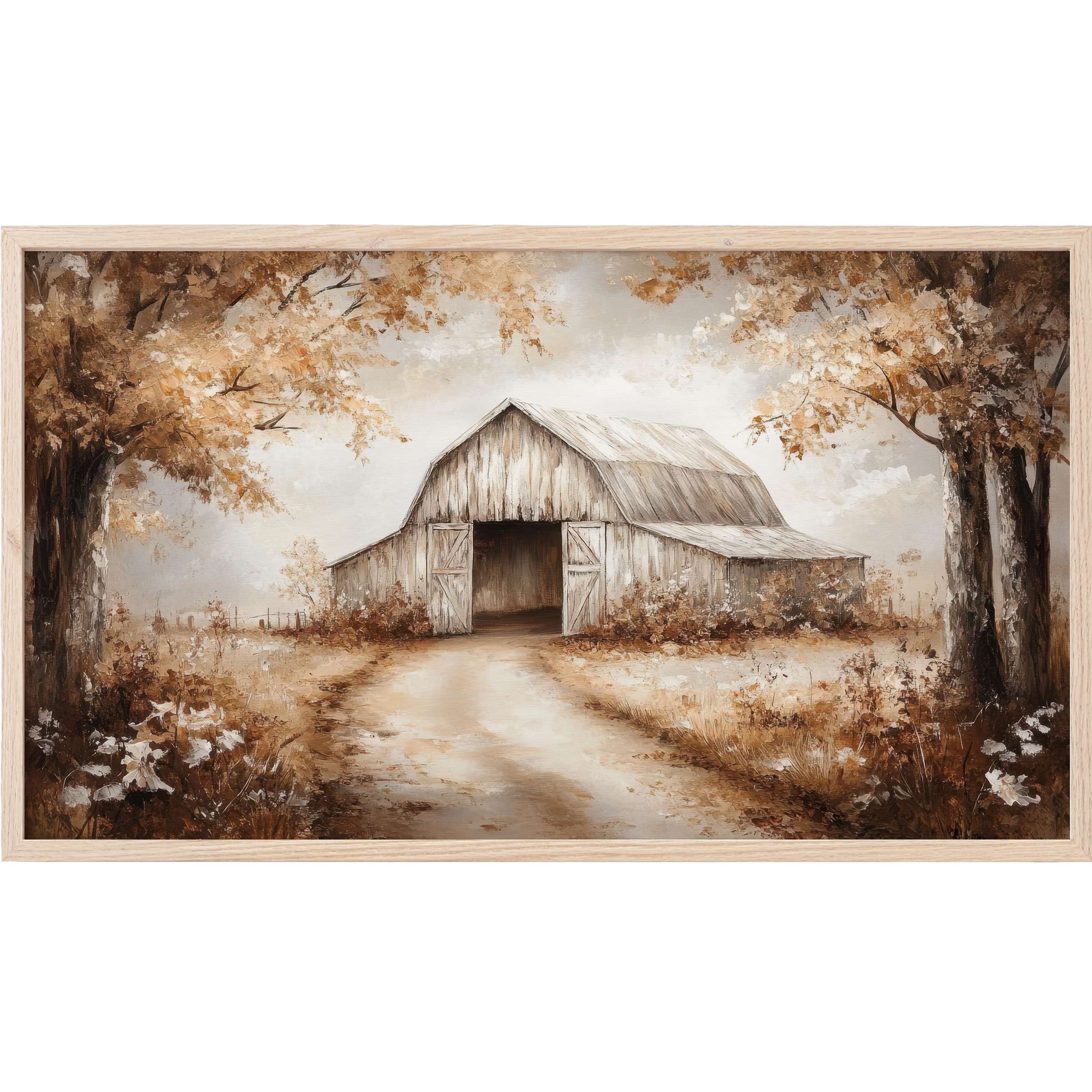 Rustic barn and autumn trees in warm browns and creams, rendered in soft, elegant brushstrokes Fall Frame TV Art