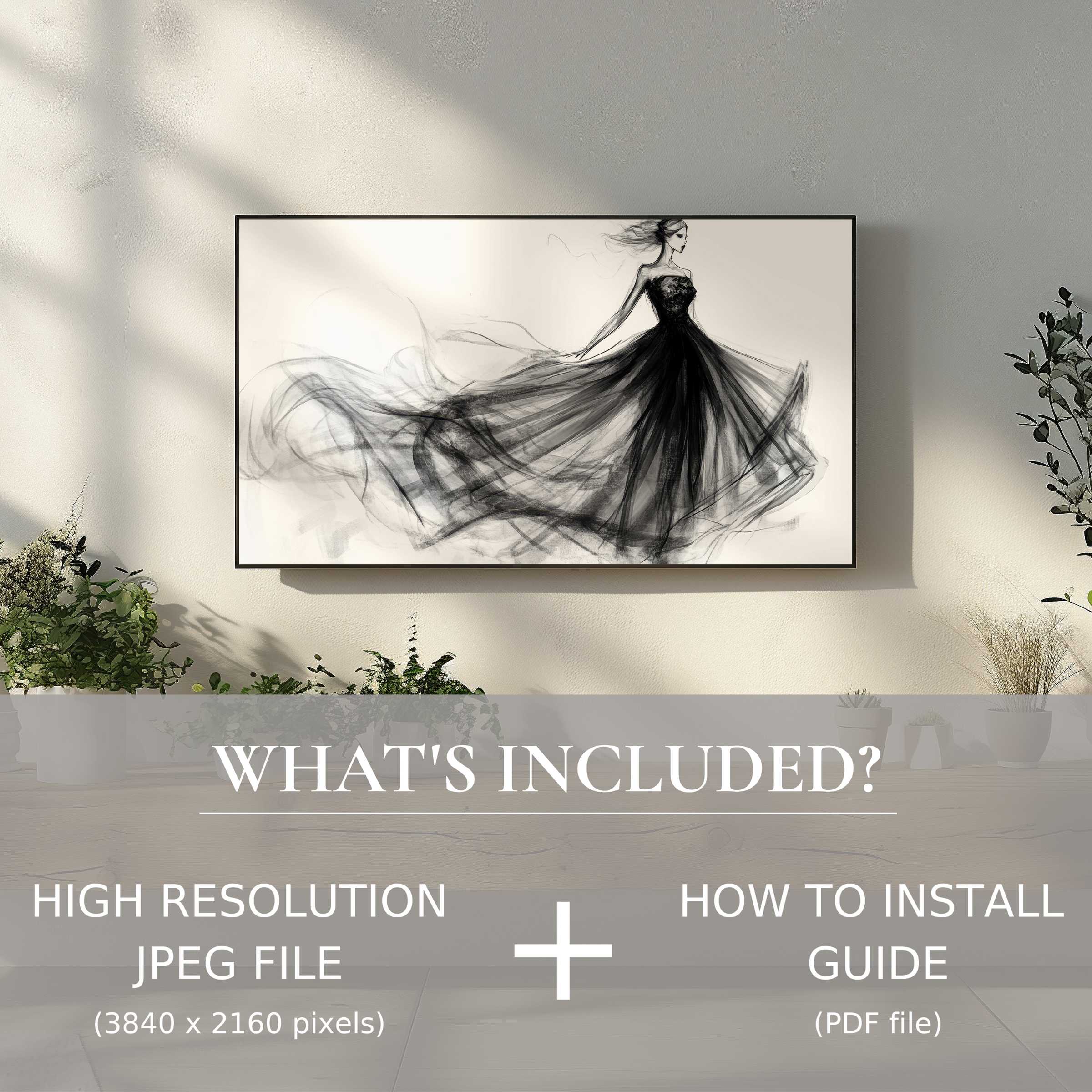 Elegant black and white digital TV art download, effortlessly elevating modern living spaces with easy digital use