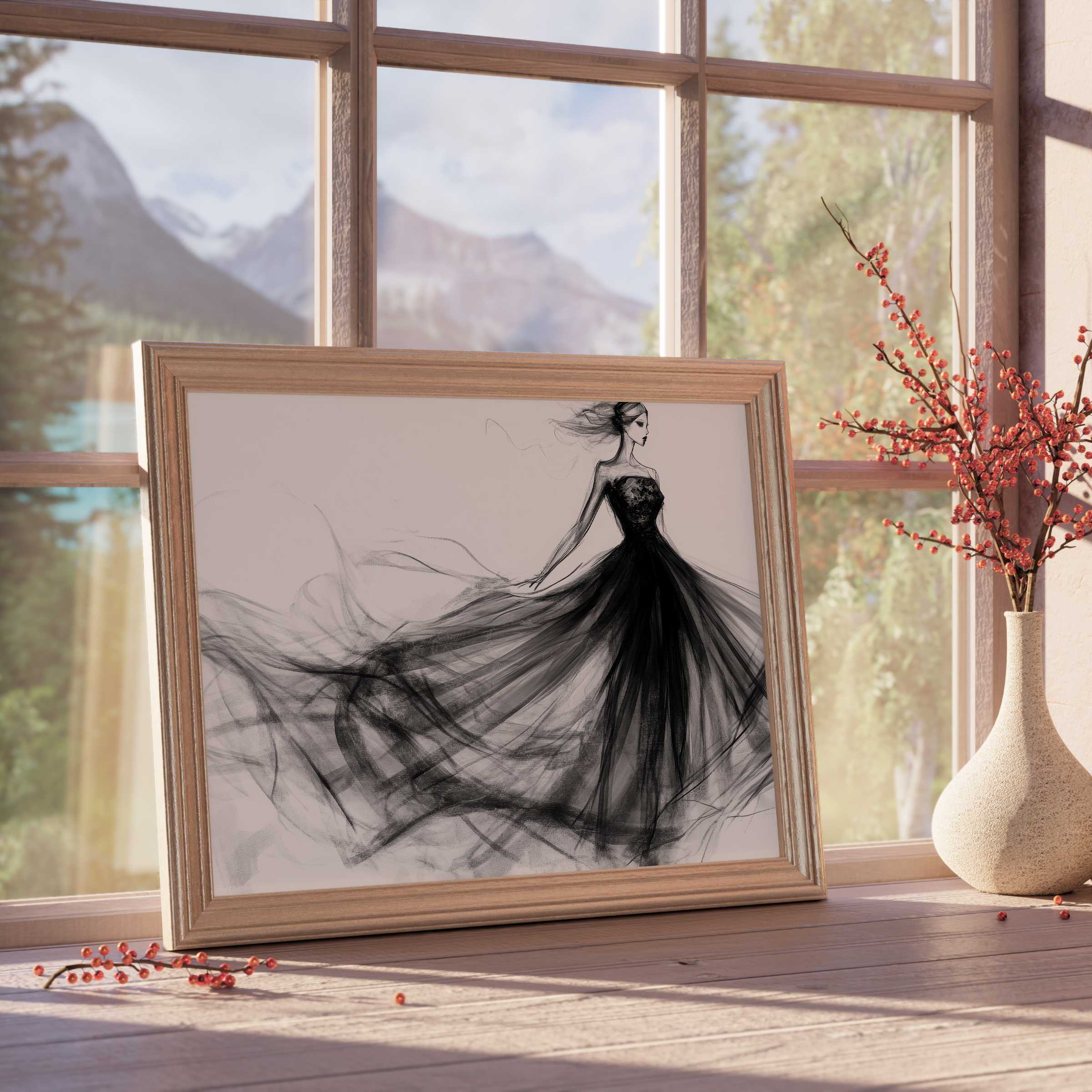 Elegant black and white downloadable art of ethereal flowing gown, perfect for curated, tranquil, modern interiors with artistic flair