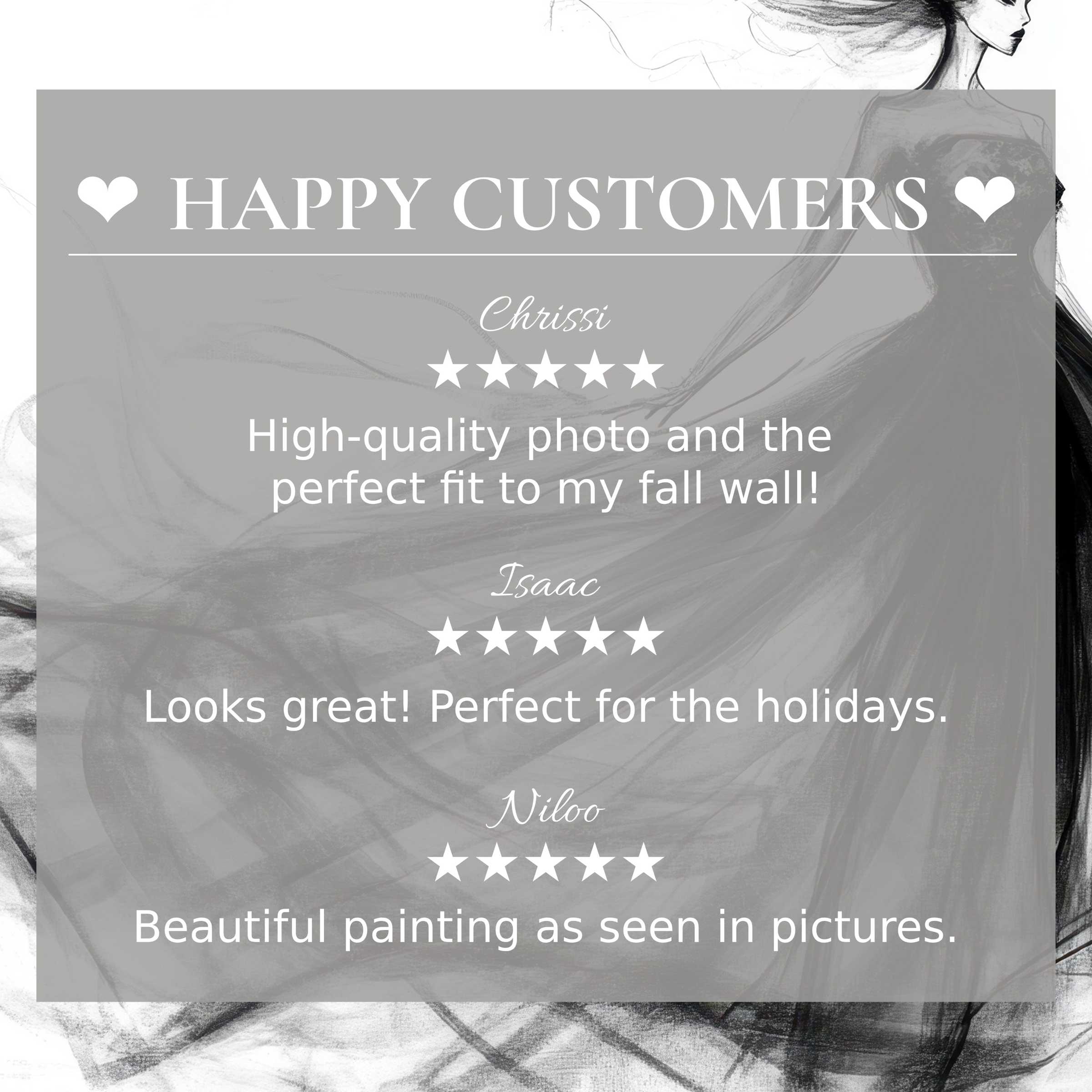 Elegant black and white art for Frame TV with flowing dress background, showcasing happy customer reviews and refined trust