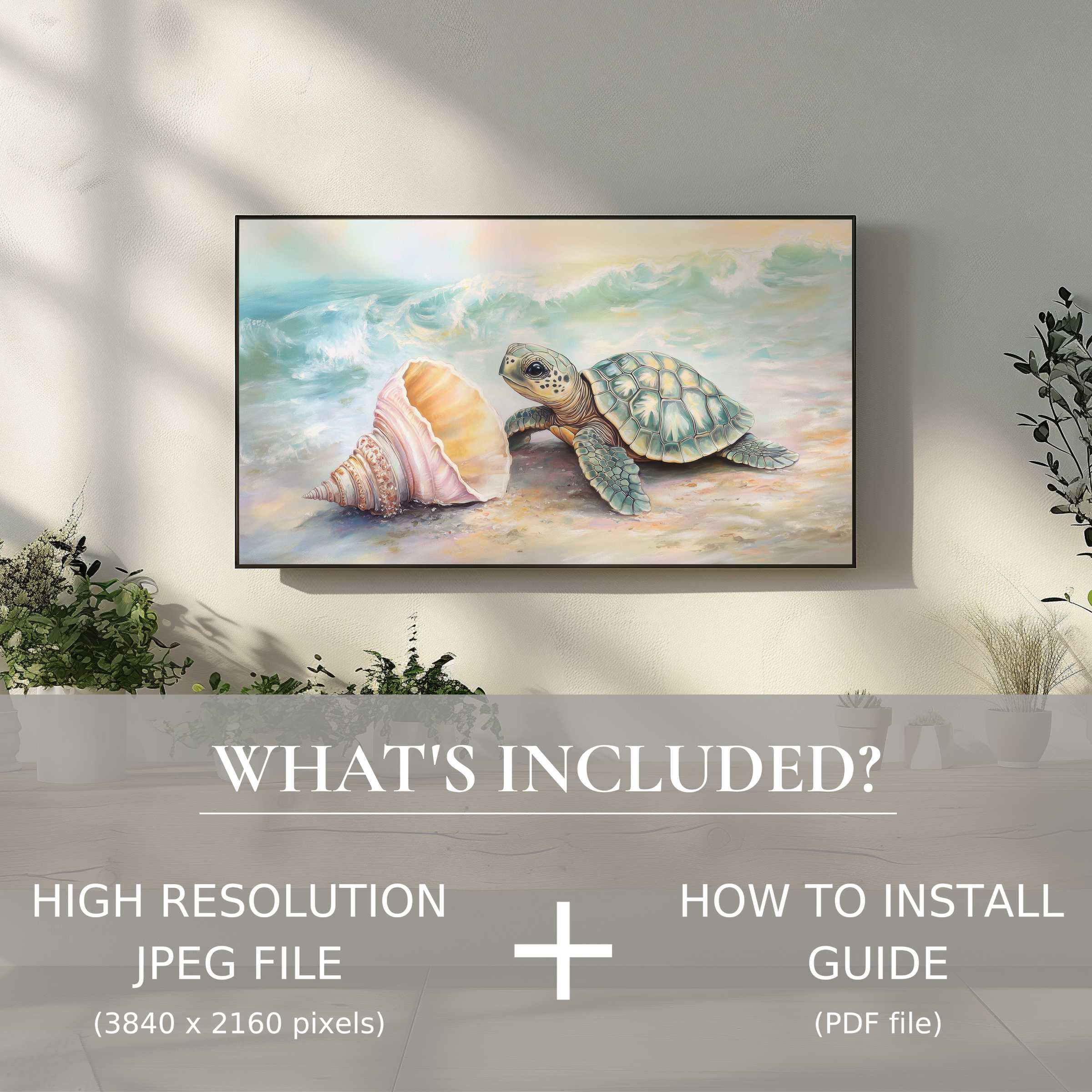 Serene nursery digital TV art download featuring turtle and shell, easy to use and elevates stylish home decor
