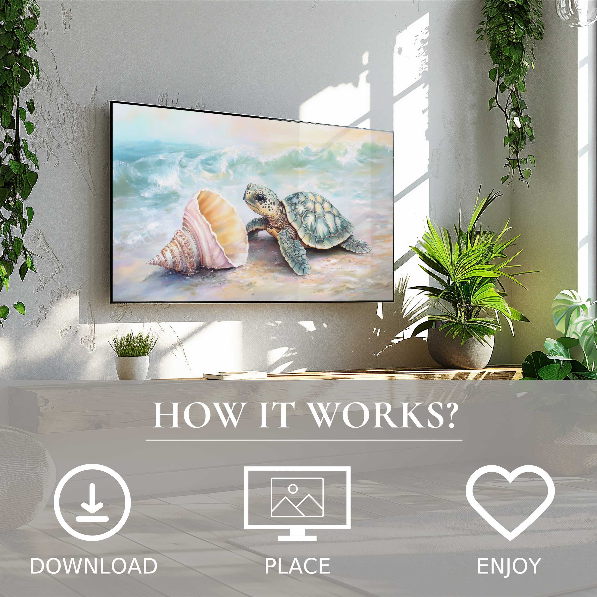 Nursery art for Samsung TV with soft ocean tones and turtle motif, easy digital download to enhance modern living spaces