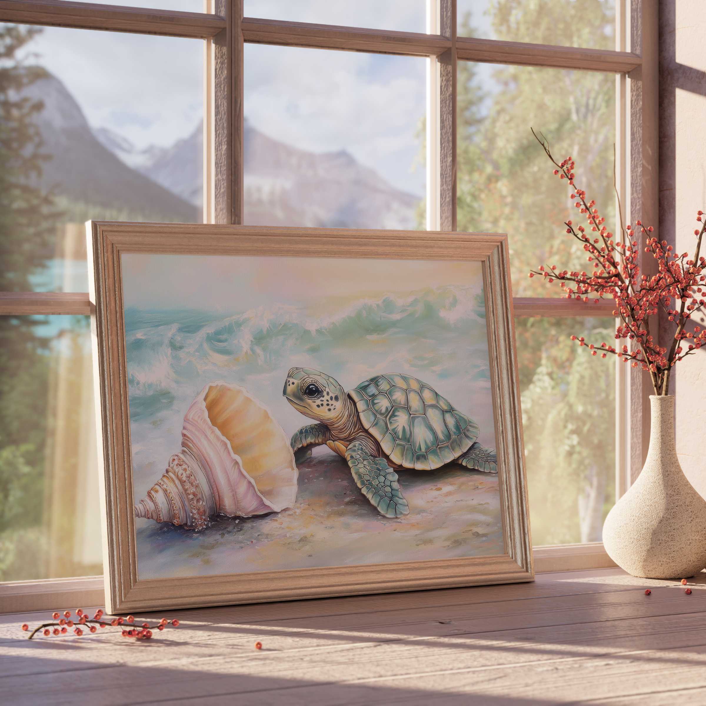 Nursery downloadable art featuring a serene sea turtle and shell, perfect for calming coastal-inspired, stylish kids’ rooms