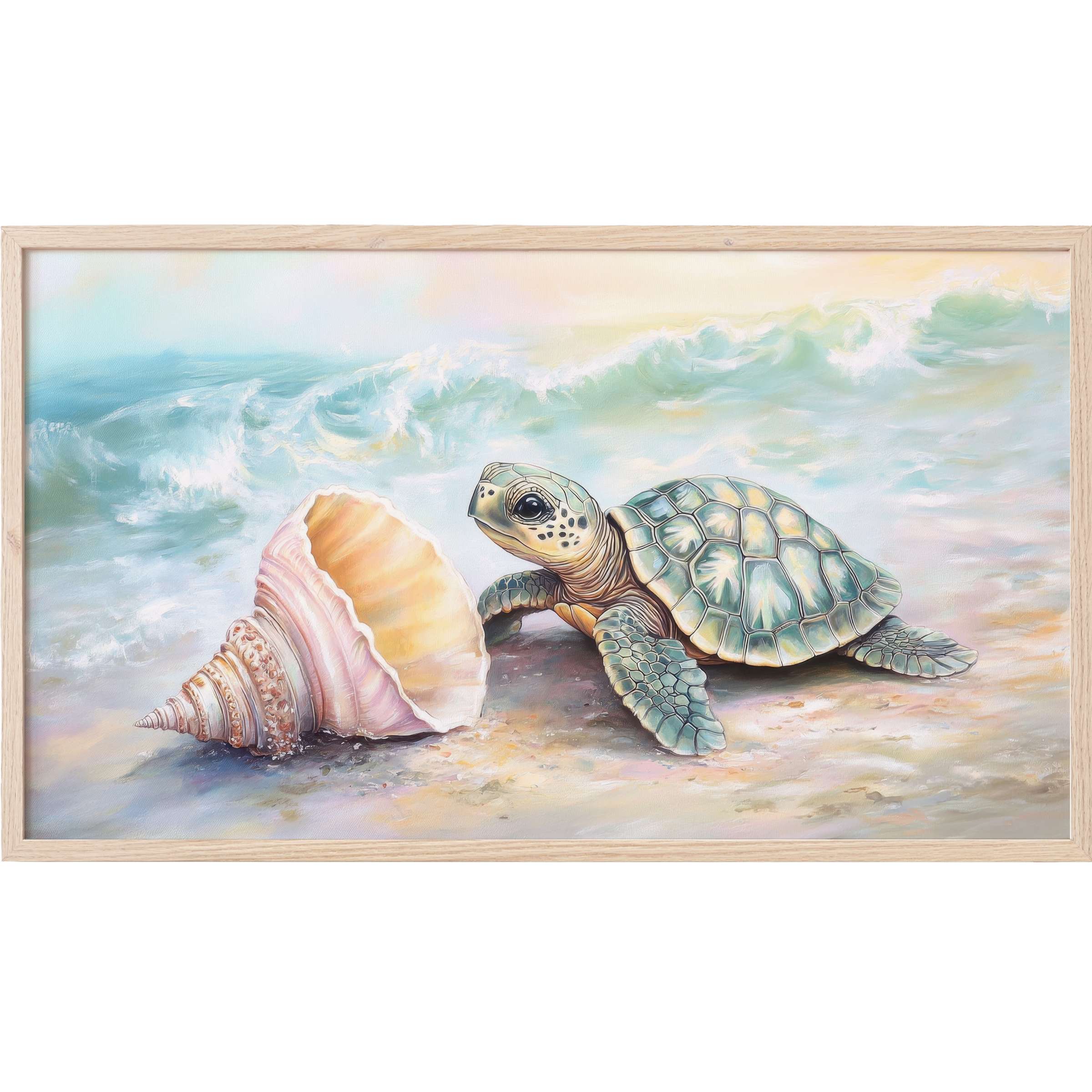 Serene turtle and seashell on sandy shore with soft waves, pastel hues, elegant nursery Frame TV Art