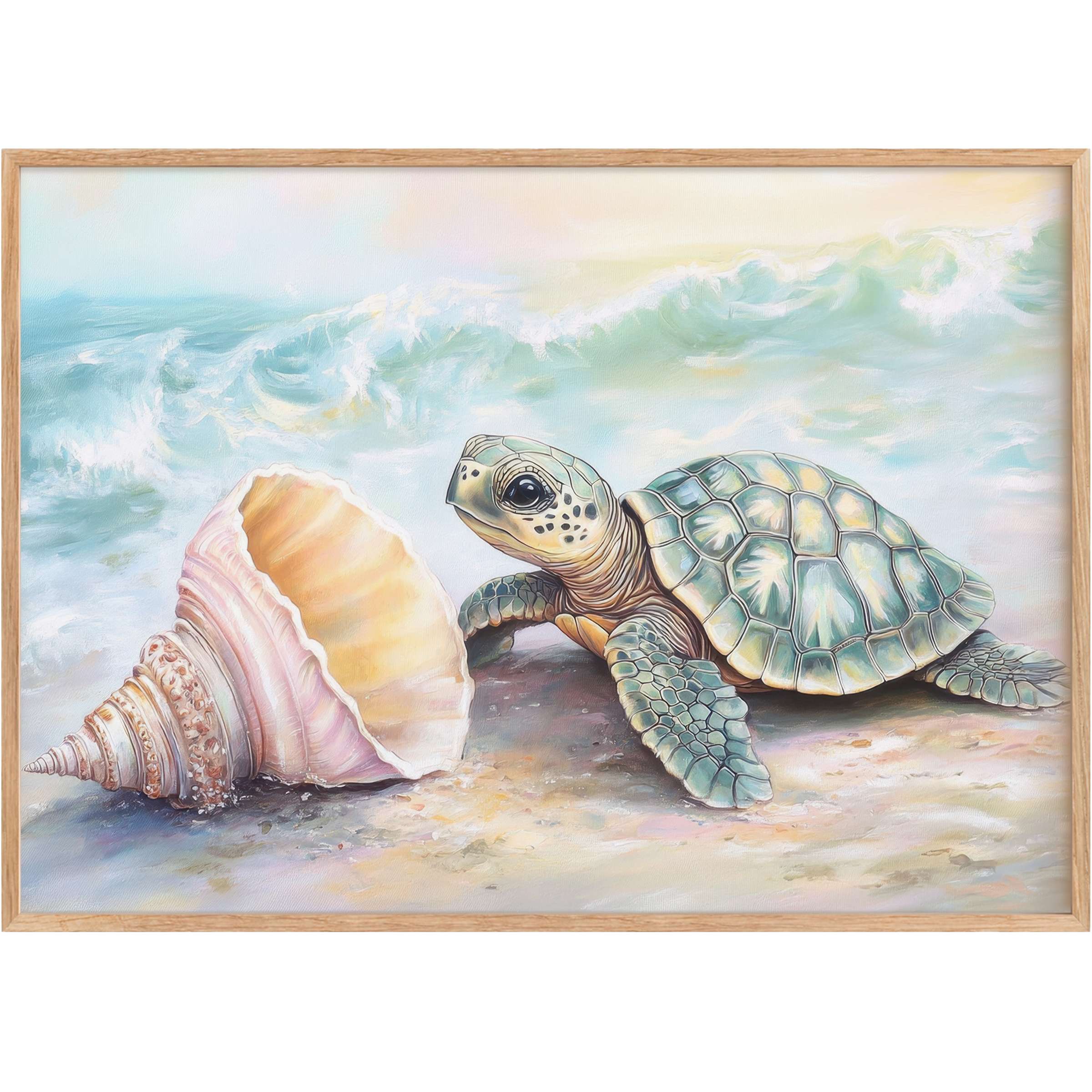 Nursery printable wall art featuring a serene sea turtle and shell in soft blues and pastel sands, evoking calm coastal charm
