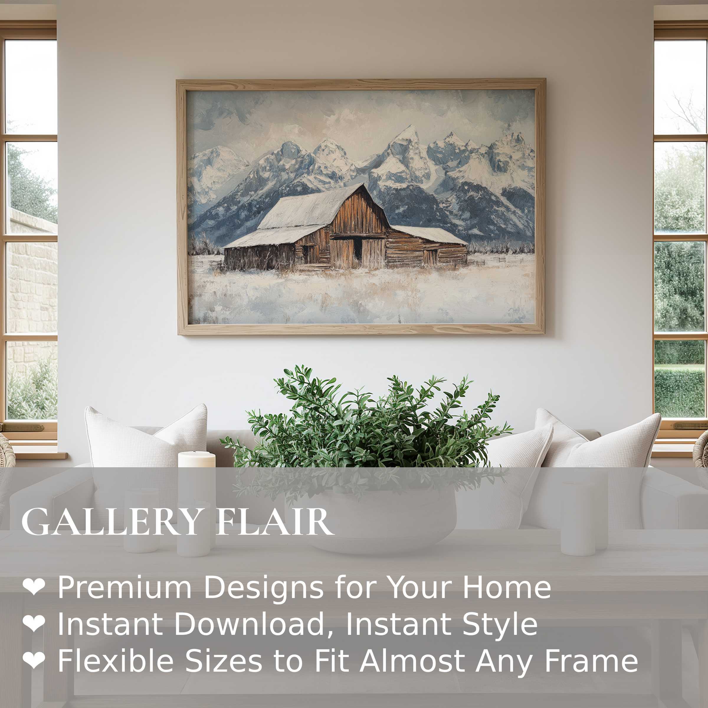 Farmhouse wall art print with serene snow-capped mountain landscape, enriching modern rustic interiors with calming, natural elegance