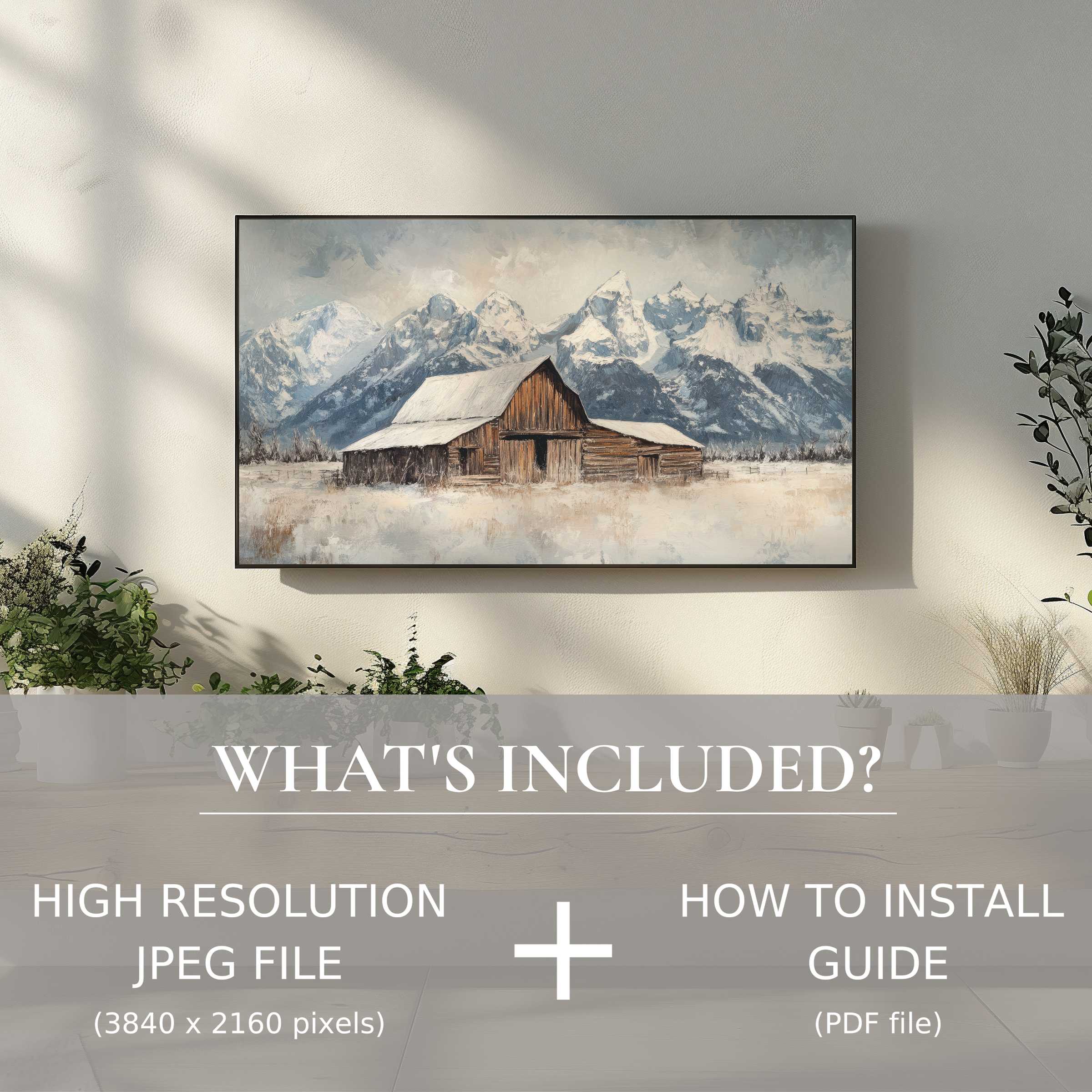 Modern living space enhanced by elegant farmhouse digital TV art download, easy to use and instantly stylish