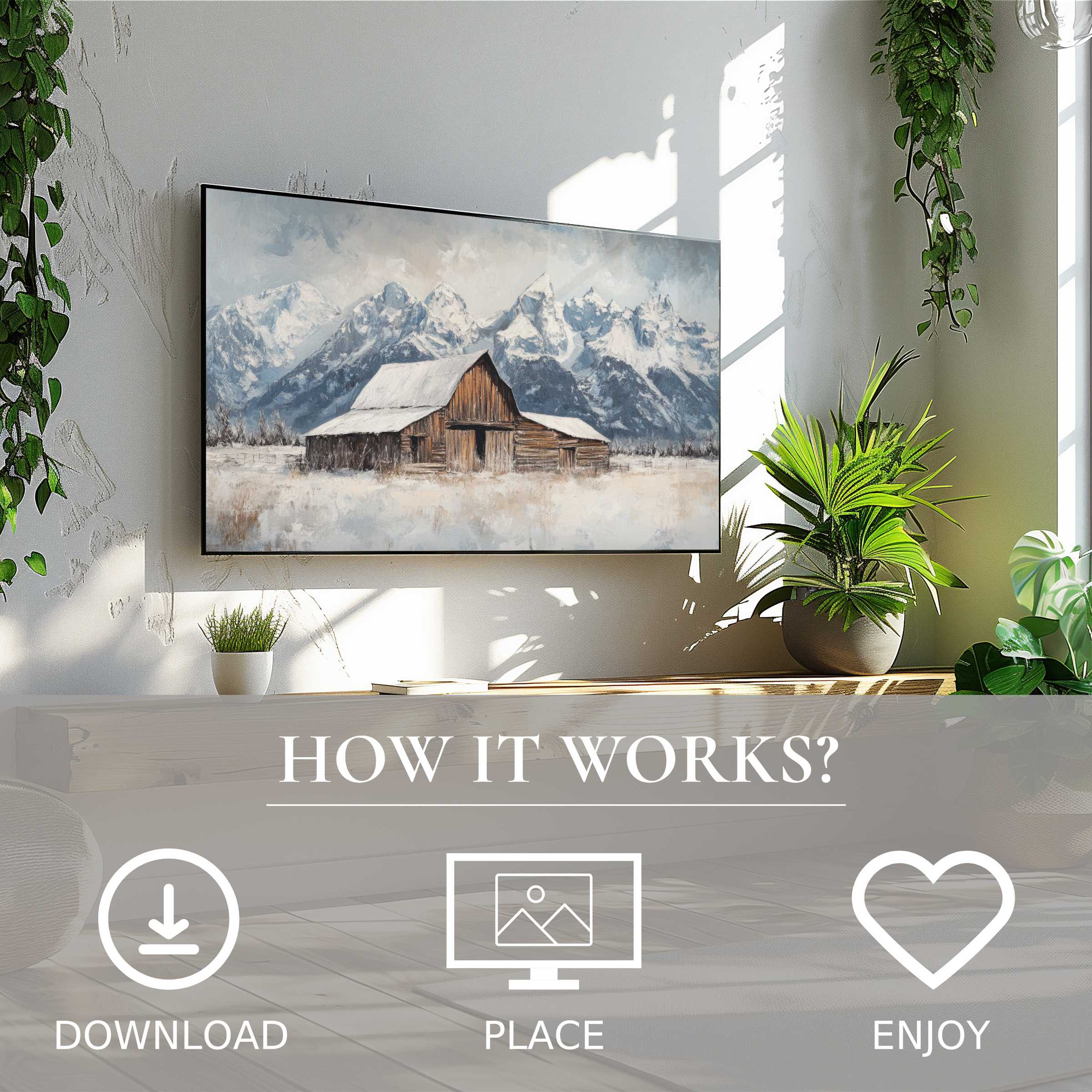 Farmhouse art for Samsung TV shows snowy barn and mountains, easy digital download enriches bright, modern home decor