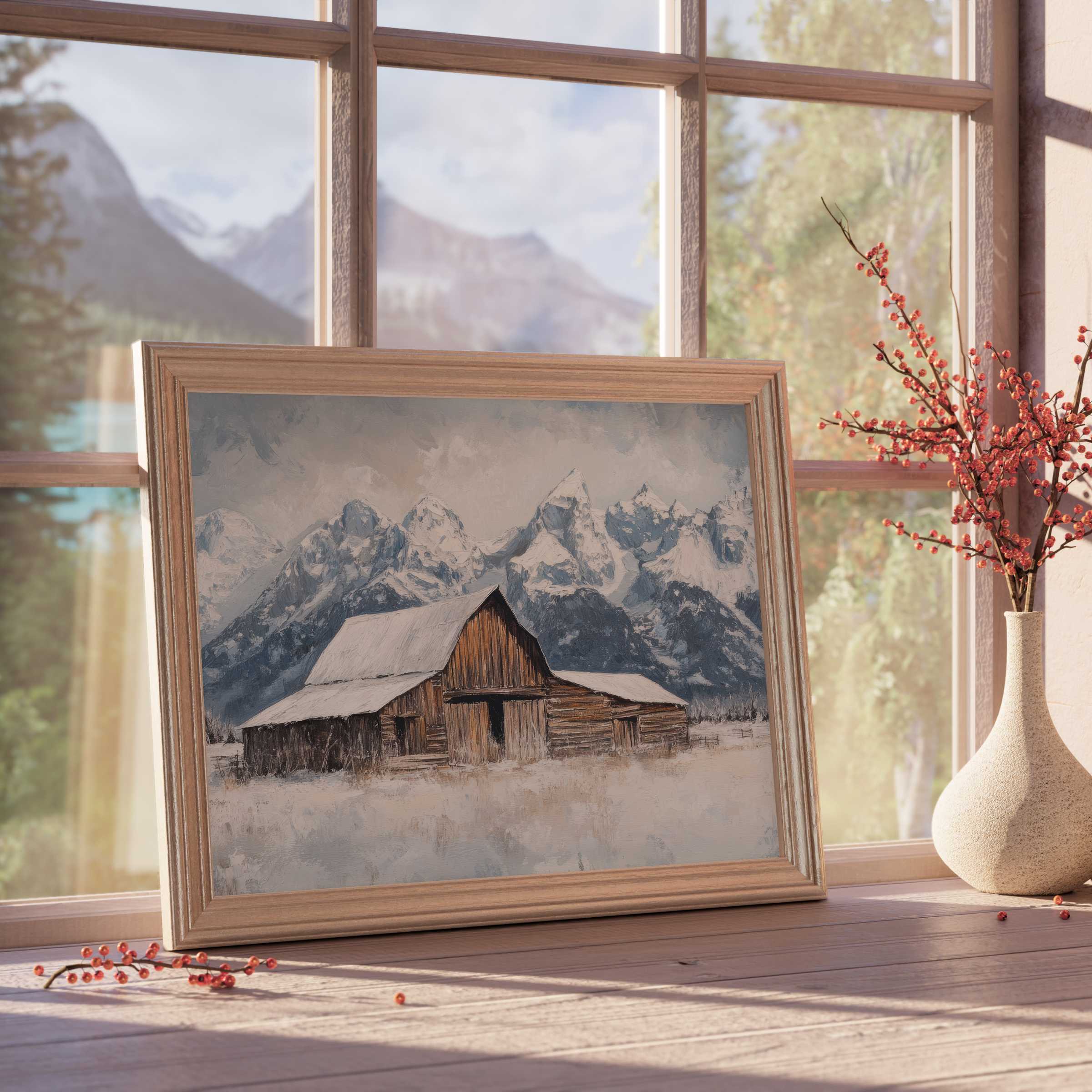 Rustic farmhouse downloadable art capturing serene snowy barn scenes, enriching tranquil, design-forward interiors with warm, curated elegance