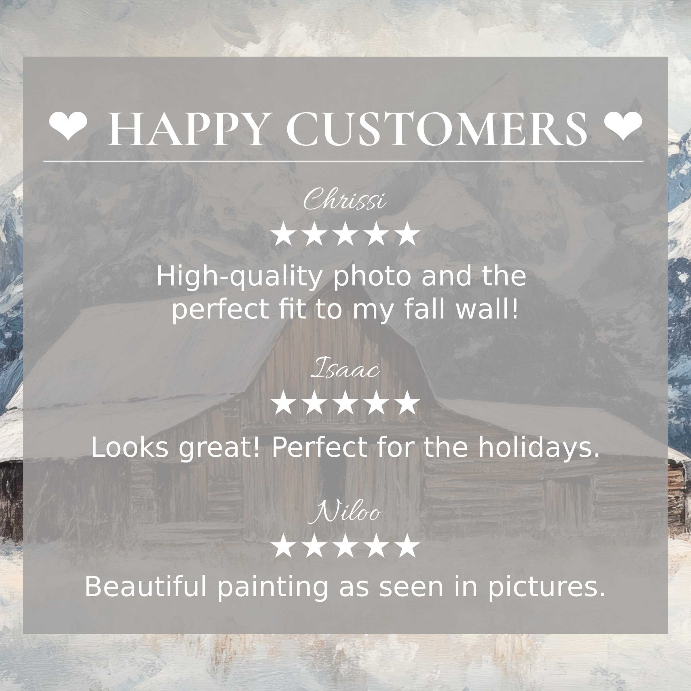 Farmhouse art for Frame TV with abstract mountain hues, showcasing happy customer reviews and refined trust