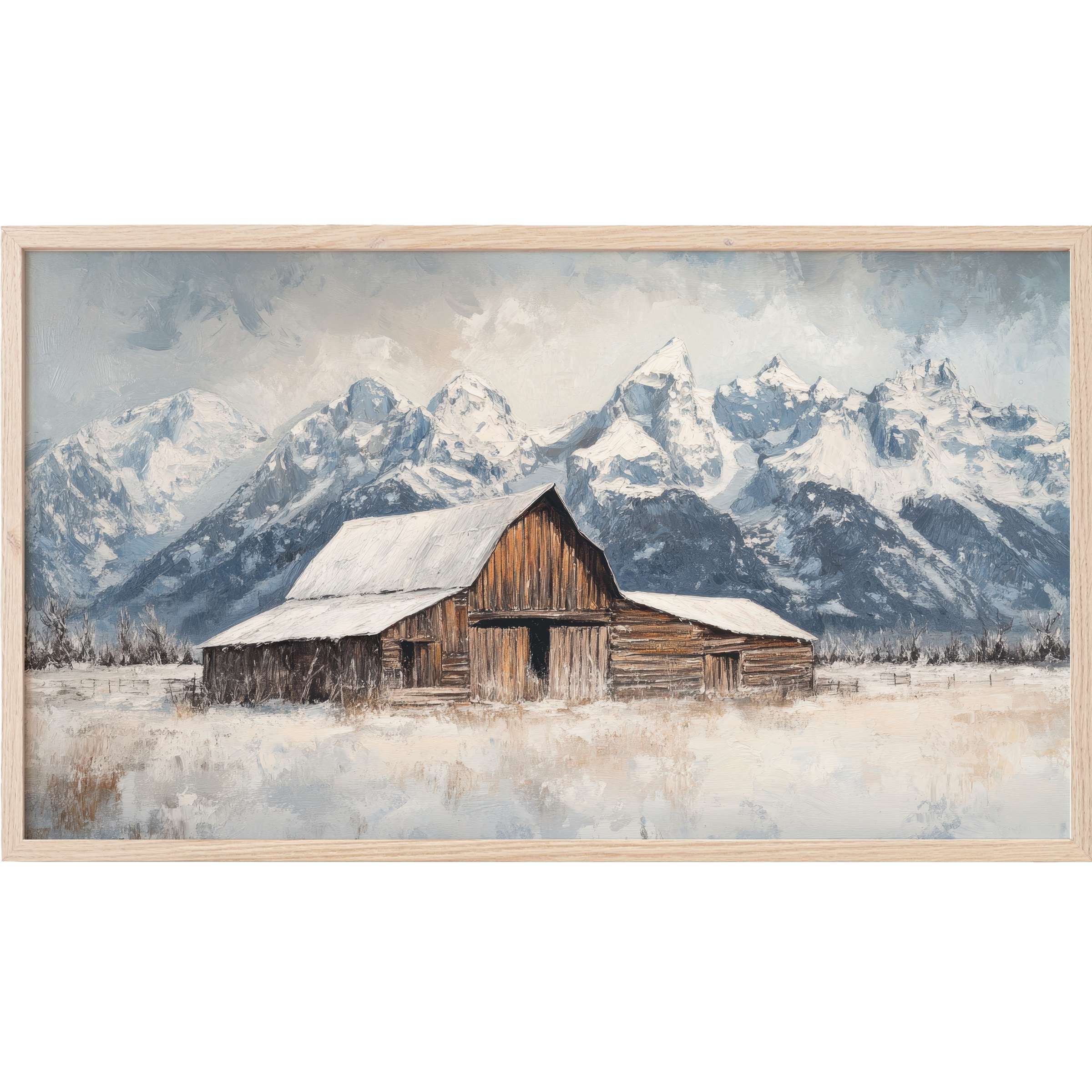 Farmhouse Frame TV Art depicting a rustic barn in muted browns and grays against snowy mountains in soft blues