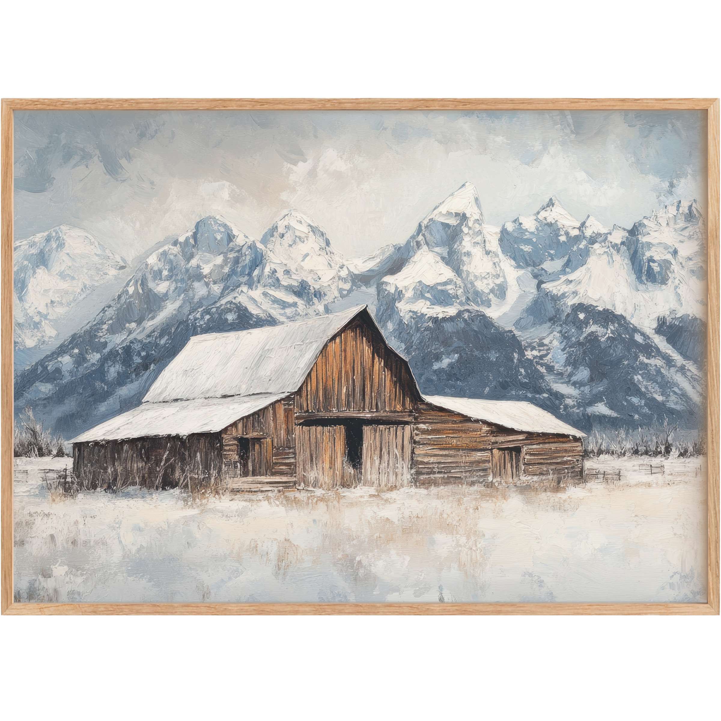 Rustic farmhouse printable wall art capturing a serene winter scene with warm wood tones and crisp snowy blues, evoking calm and timeless elegance