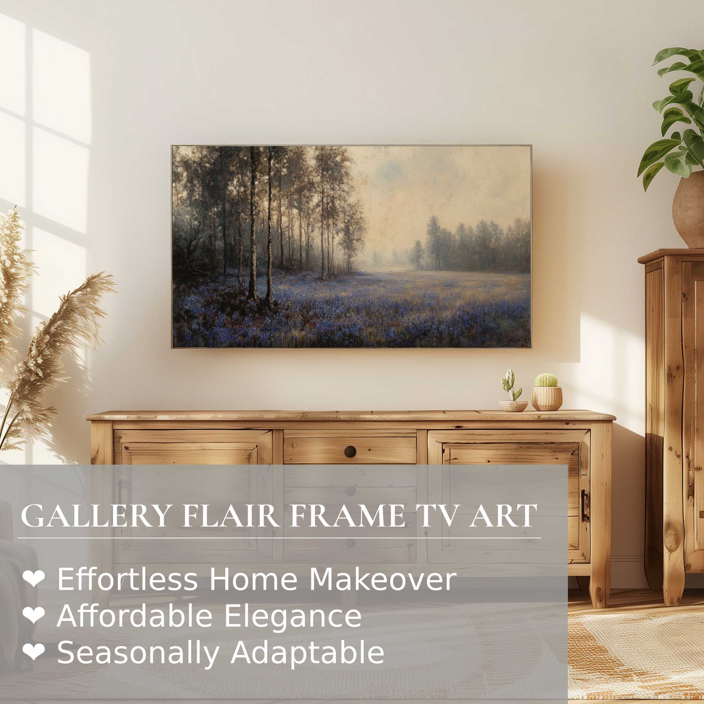 Samsung Frame TV displays atmospheric botanical digital artwork, blending modern elegance with serene nature in a refined interior