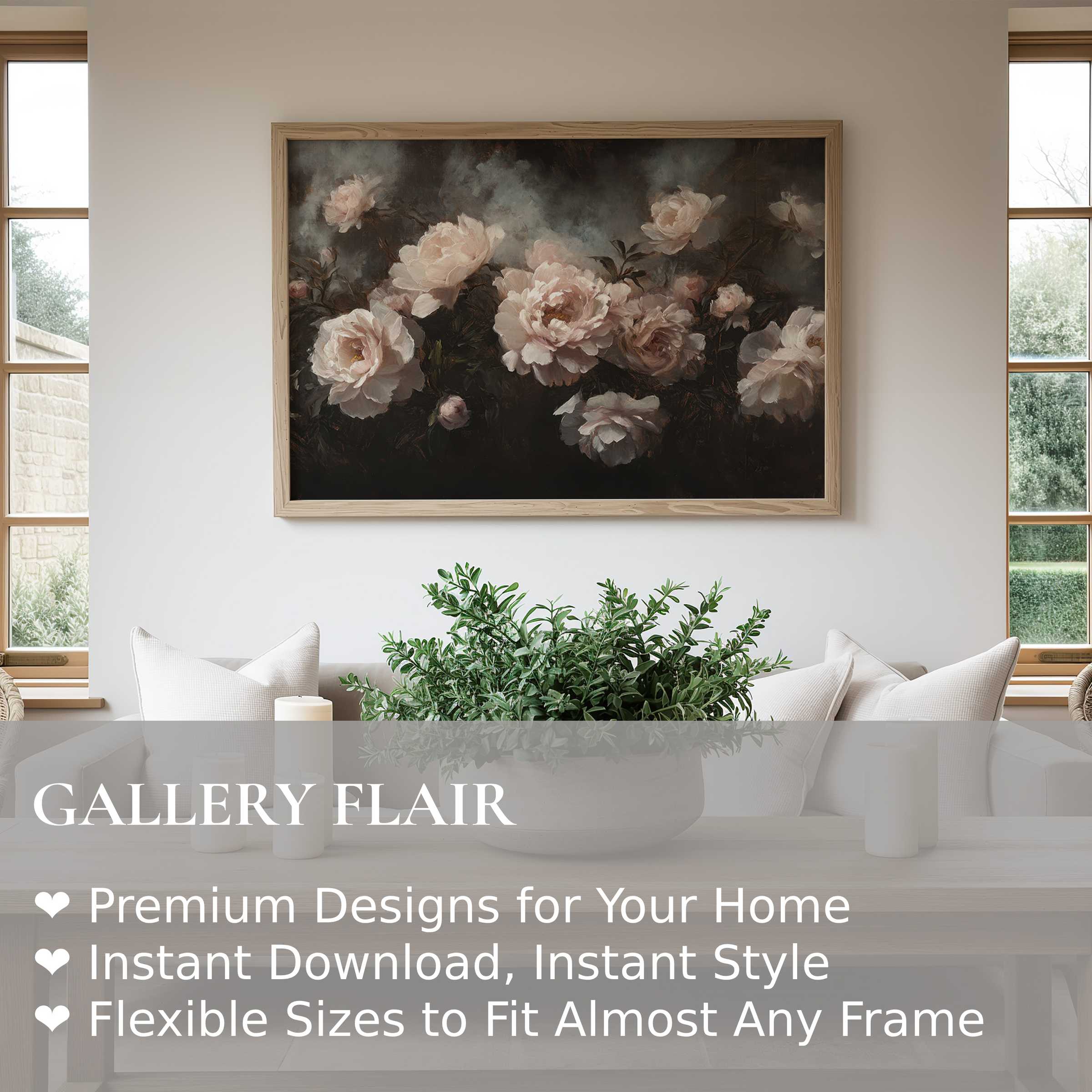 Luxurious floral wall art print featuring soft blush peonies against a dark, moody backdrop, elevating minimalist modern interiors with elegant, calming sophistication