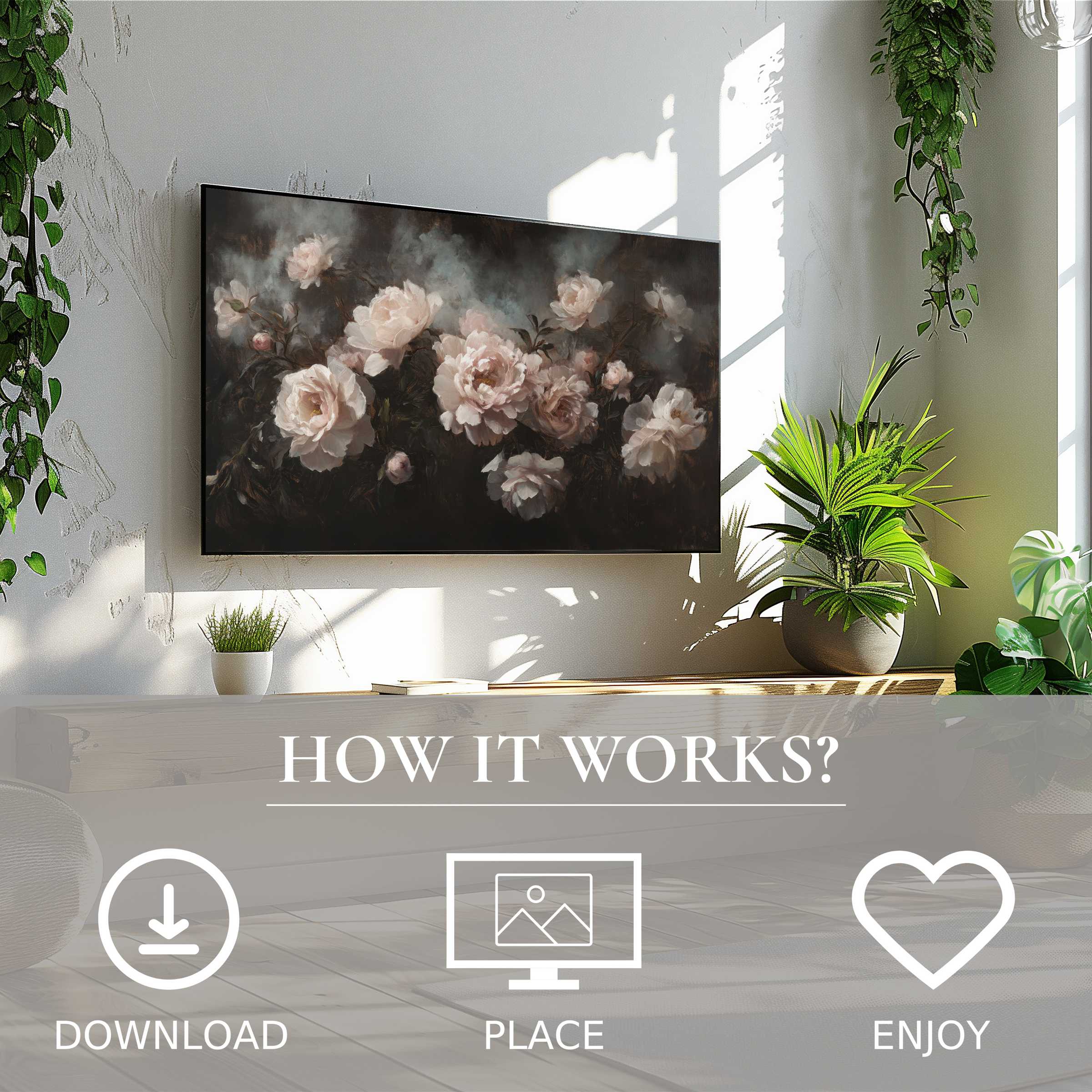 Modern living room with floral art for Samsung TV, soft blush roses on dark background, easy digital download