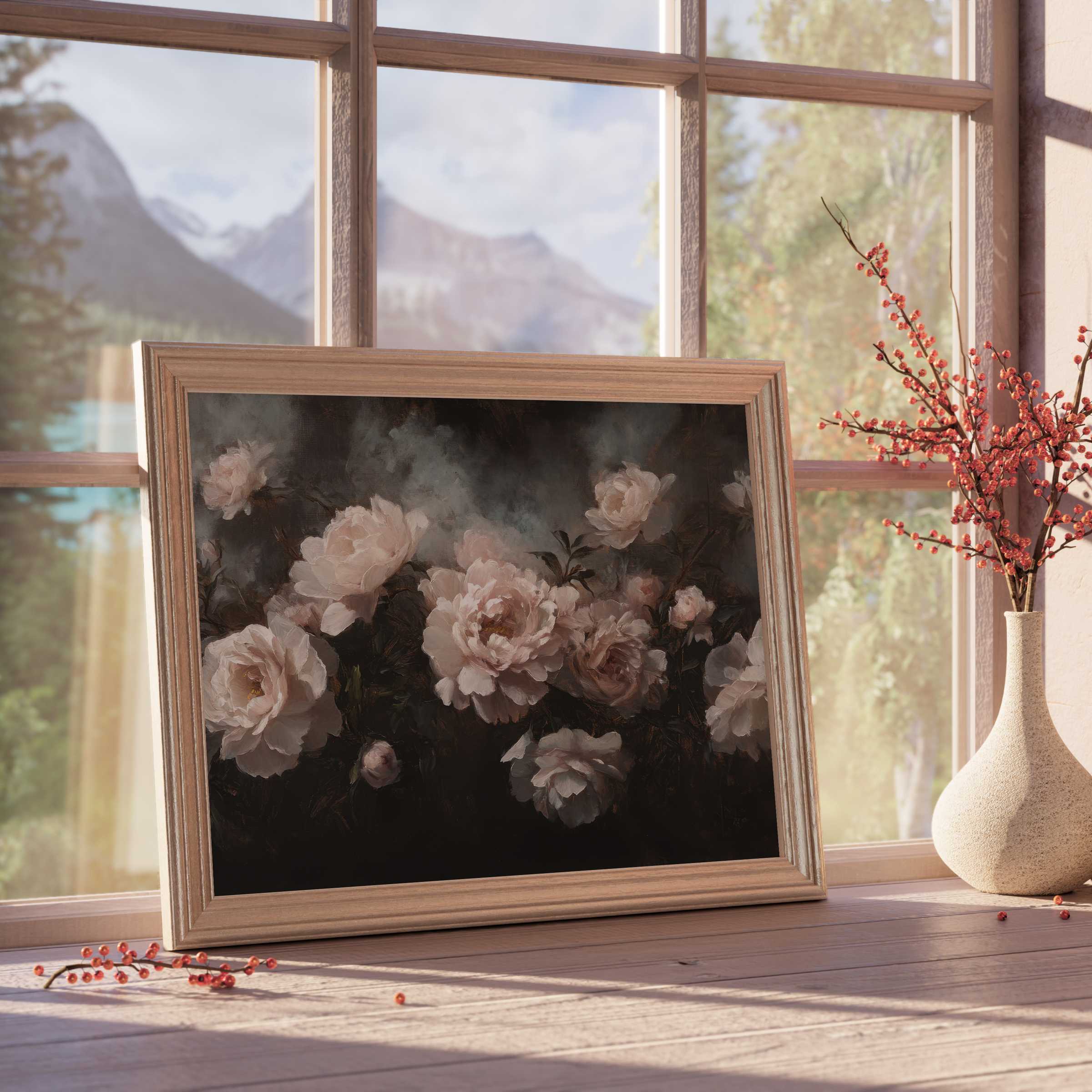 Elegant floral downloadable art featuring soft blush peonies set against a moody backdrop, enriching serene, design-forward interiors