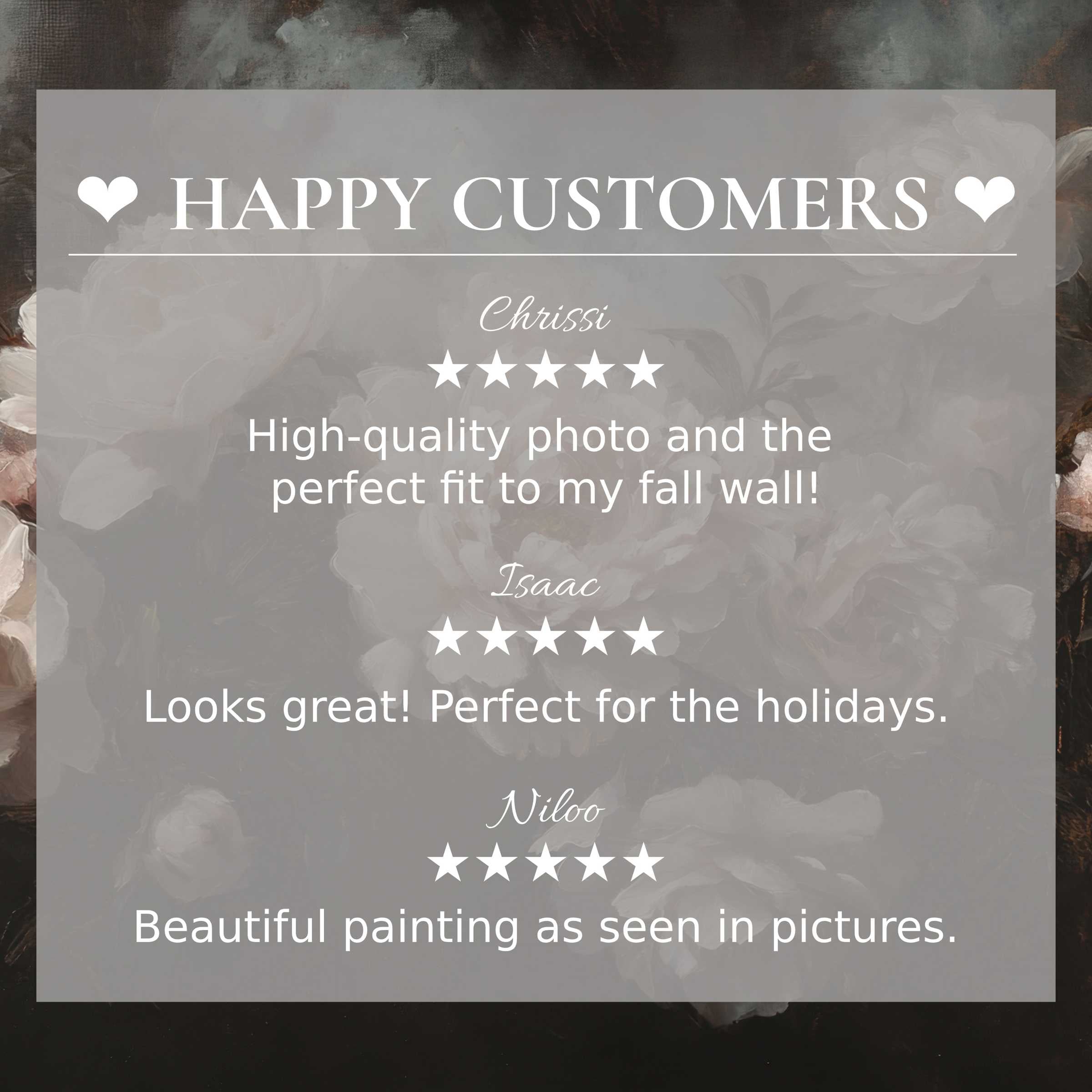 Floral art for Frame TV with elegant muted rose background, showing reviews that inspire trust from happy customer feedback