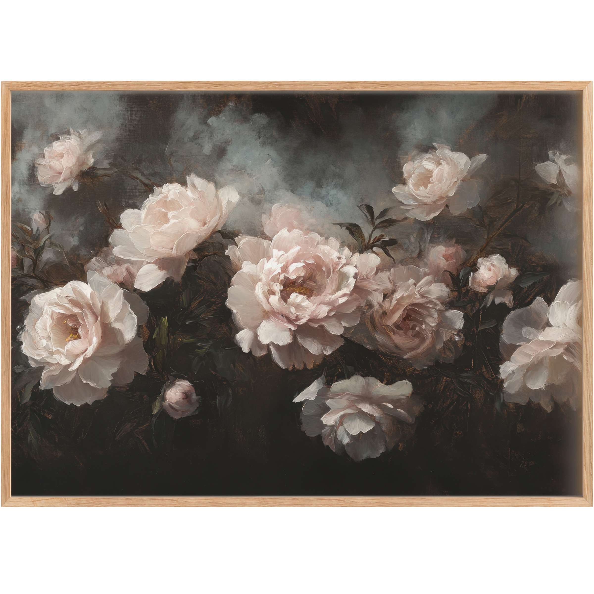 Soft blush blooms emerge from deep shadows in this floral printable wall art, evoking a serene, timeless elegance