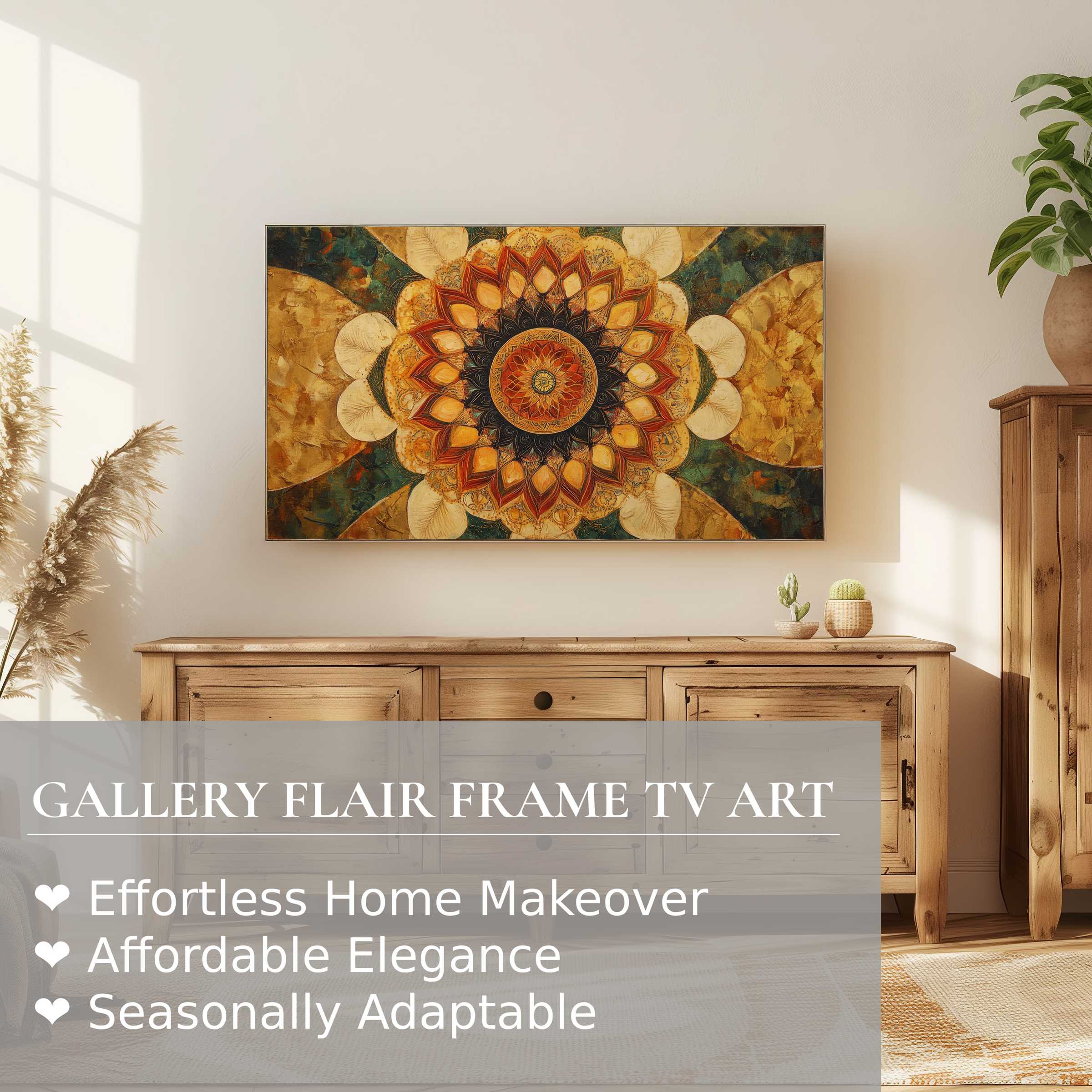 Modern boho digital artwork on Samsung Frame TV, warm tones in serene living space with natural wood accents