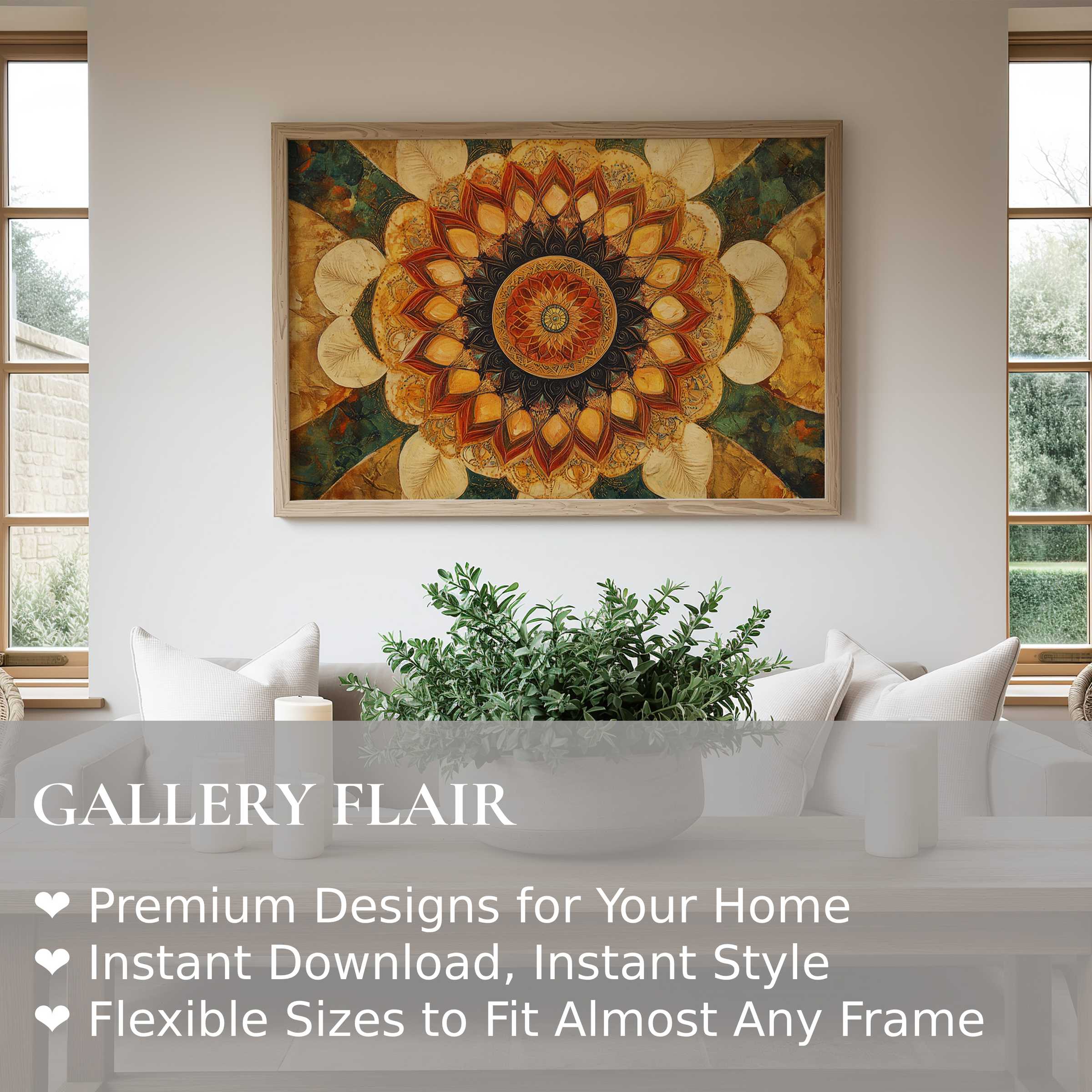 Boho wall art print featuring a radiant mandala in warm earth tones, elevating modern, calming living spaces with artisanal elegance