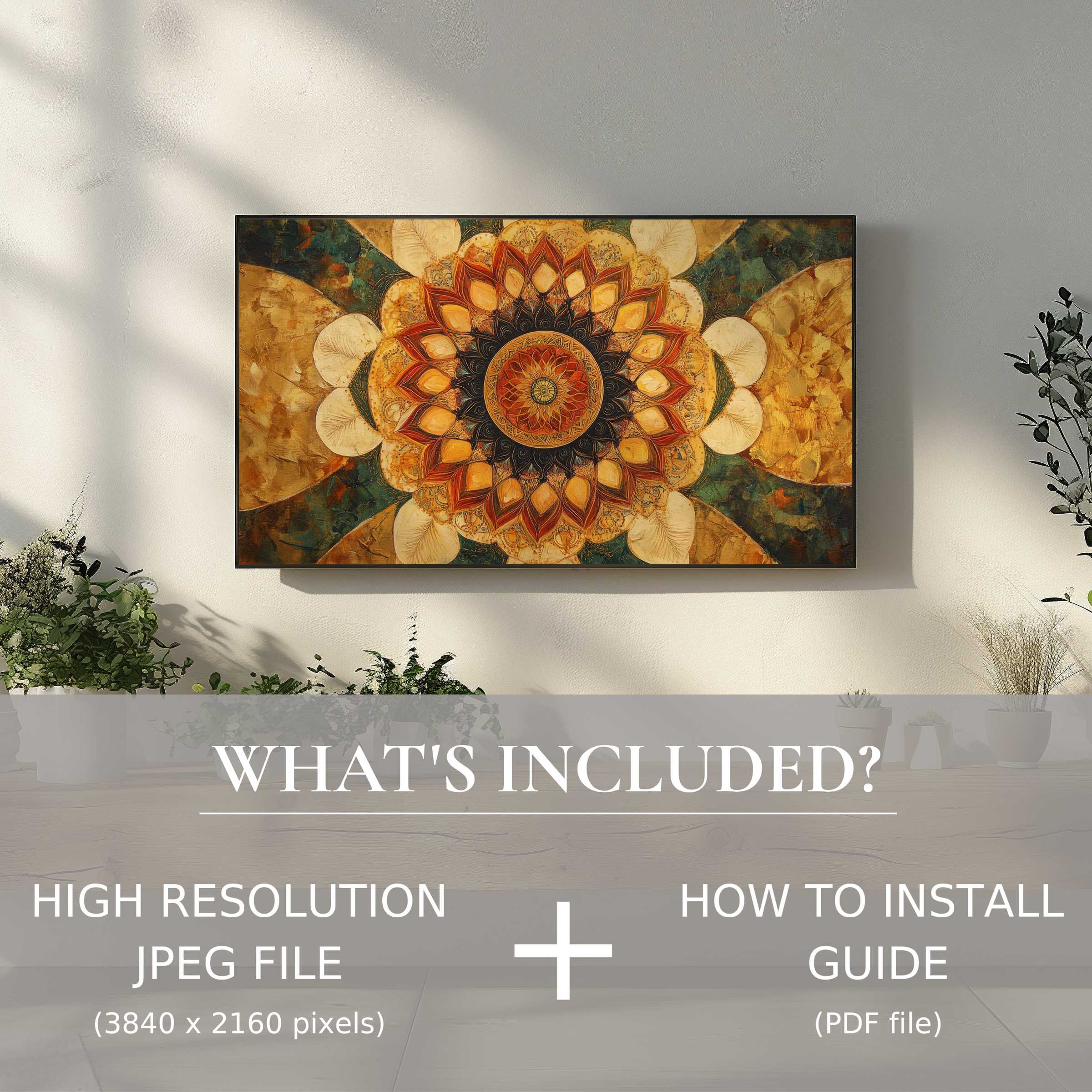 Elegant boho digital TV art download enriches your living room with easy-to-use, vibrant, high-res mandala design