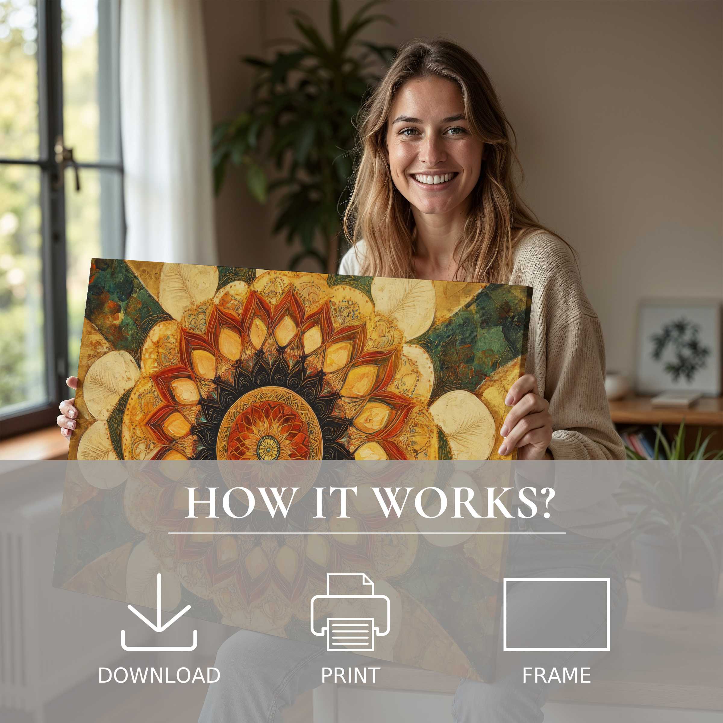 Radiate warmth and joy with this boho digital art print, capturing serene moments that effortlessly elevate modern living spaces