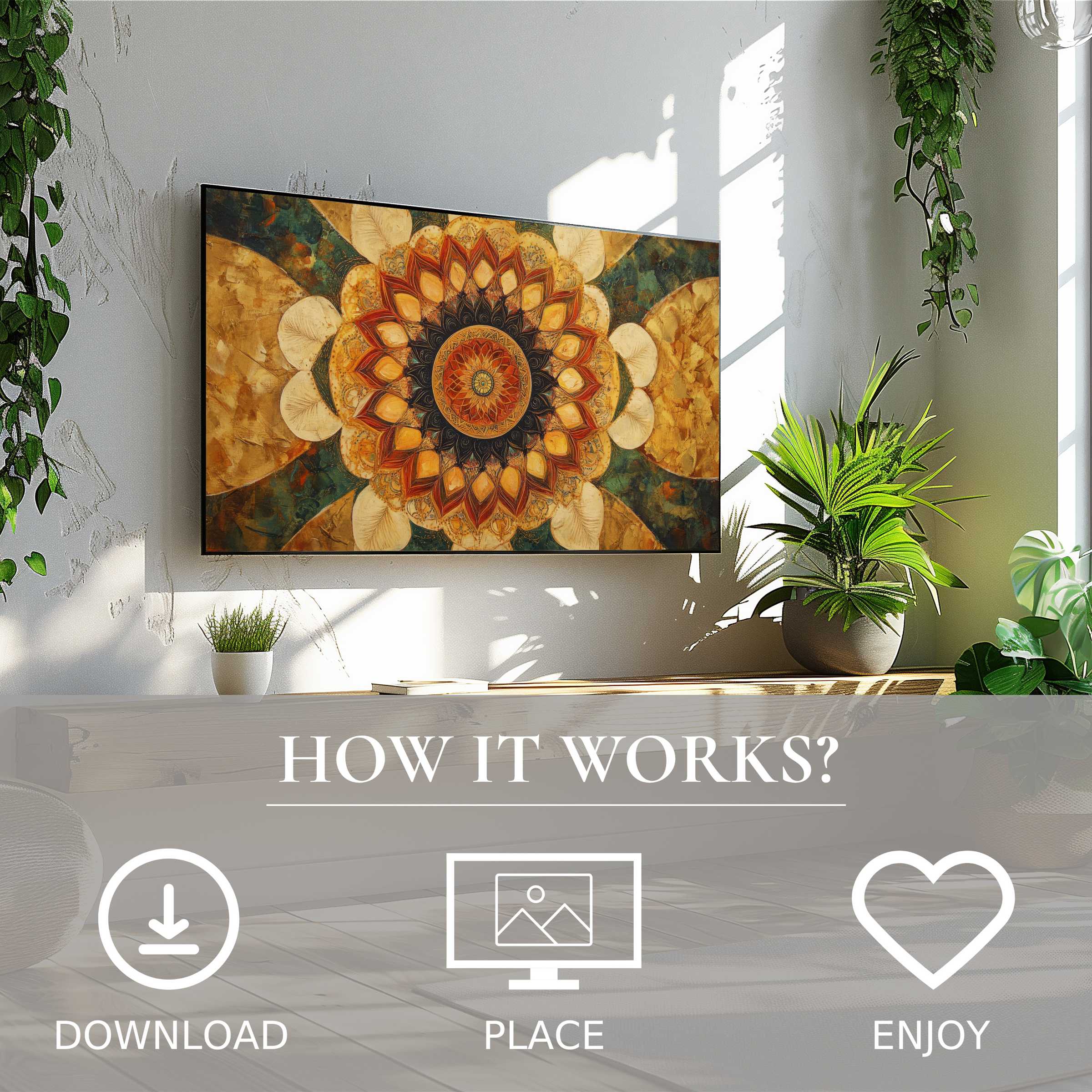 Boho art for Samsung TV displays warm mandala tones, easy digital download enriching your modern living space