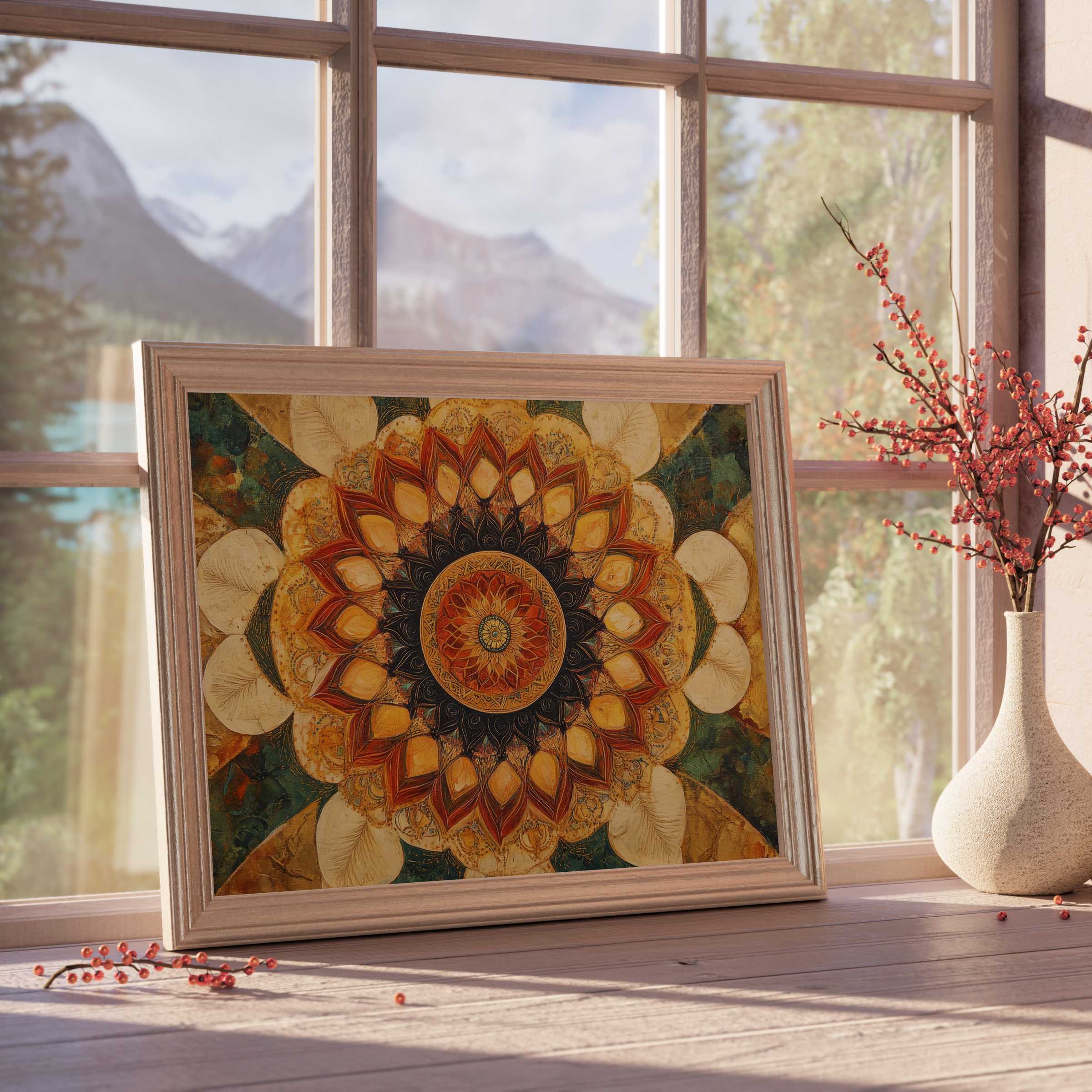 Boho downloadable art featuring a warm, intricate mandala in earthy tones, enhancing tranquil, curated interiors with timeless elegance and natural charm