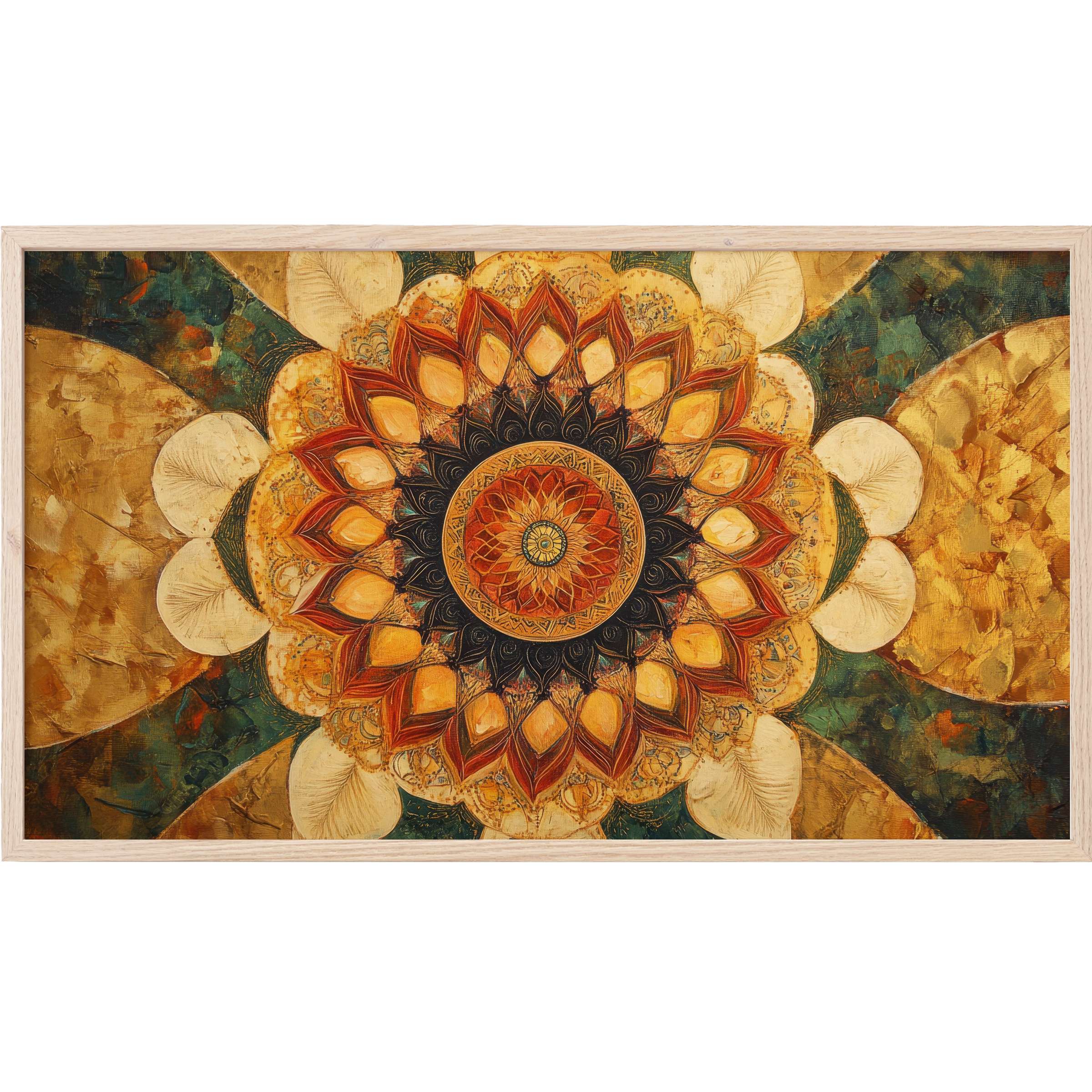 Intricate mandala in warm gold, amber, and deep teal hues, framed for elegant boho Frame TV Art ambiance