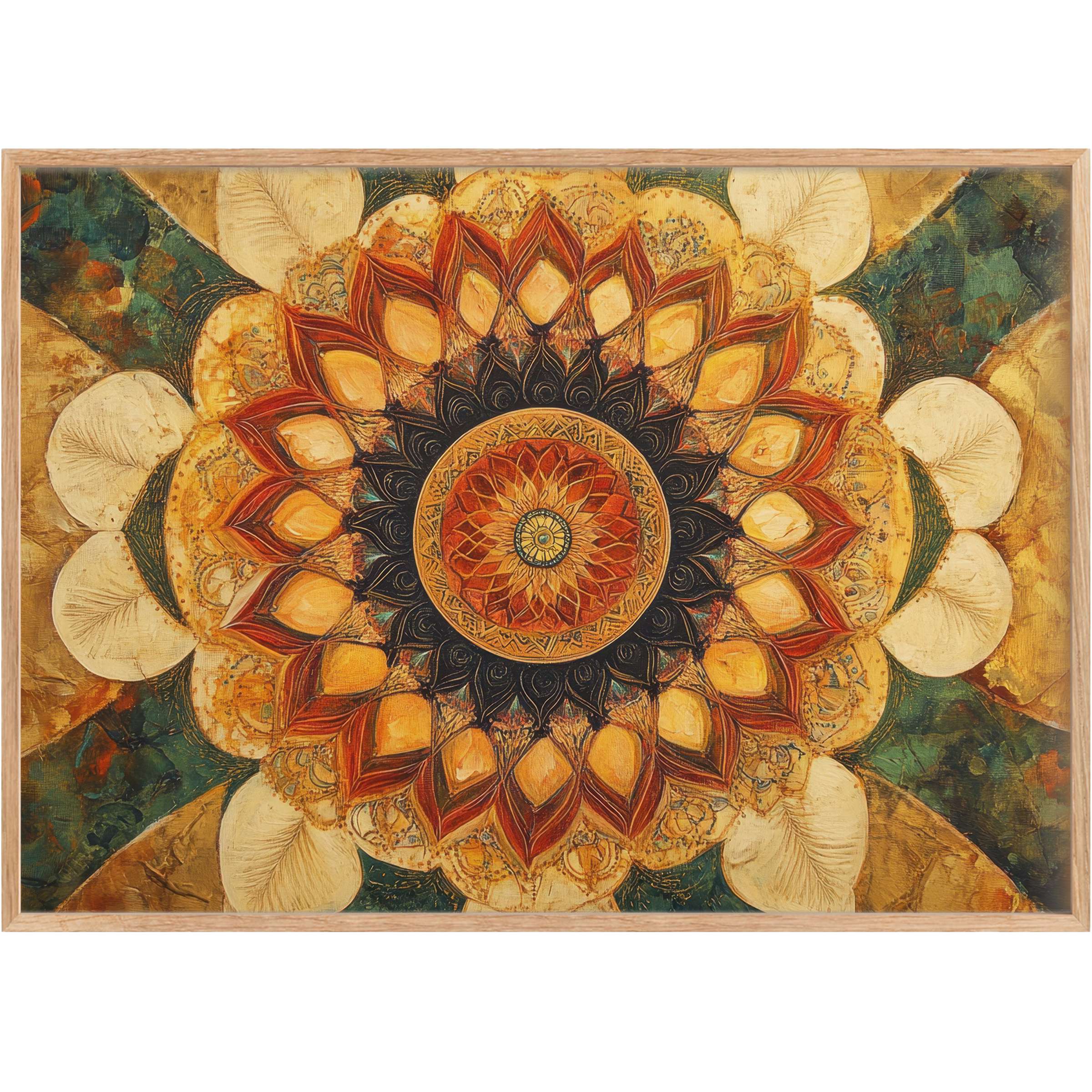 Radiant boho printable wall art with warm amber, deep teal, and rich rust hues, evoking earthy elegance and soulful tranquility