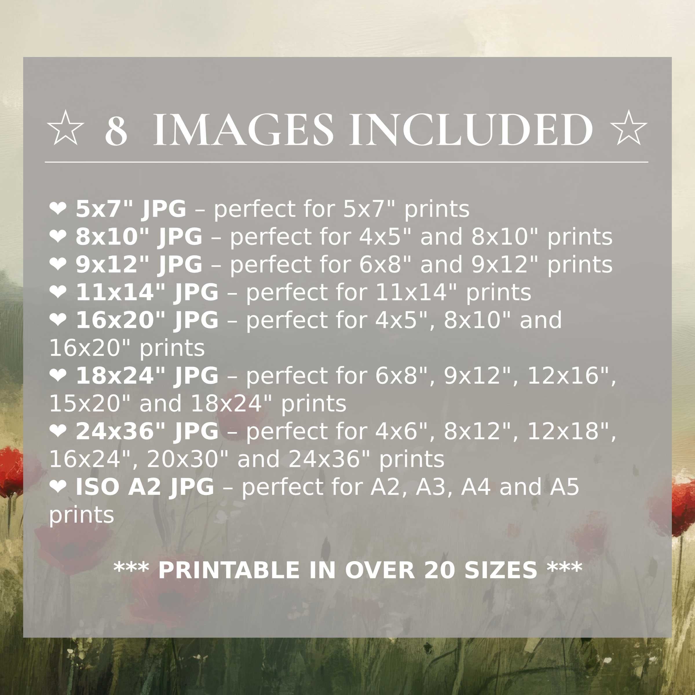 Spring digital print radiates delicate red poppies and soft green hues, available in 8 high-quality sizes included with download, enhancing modern interiors with versatile elegance and timeless style