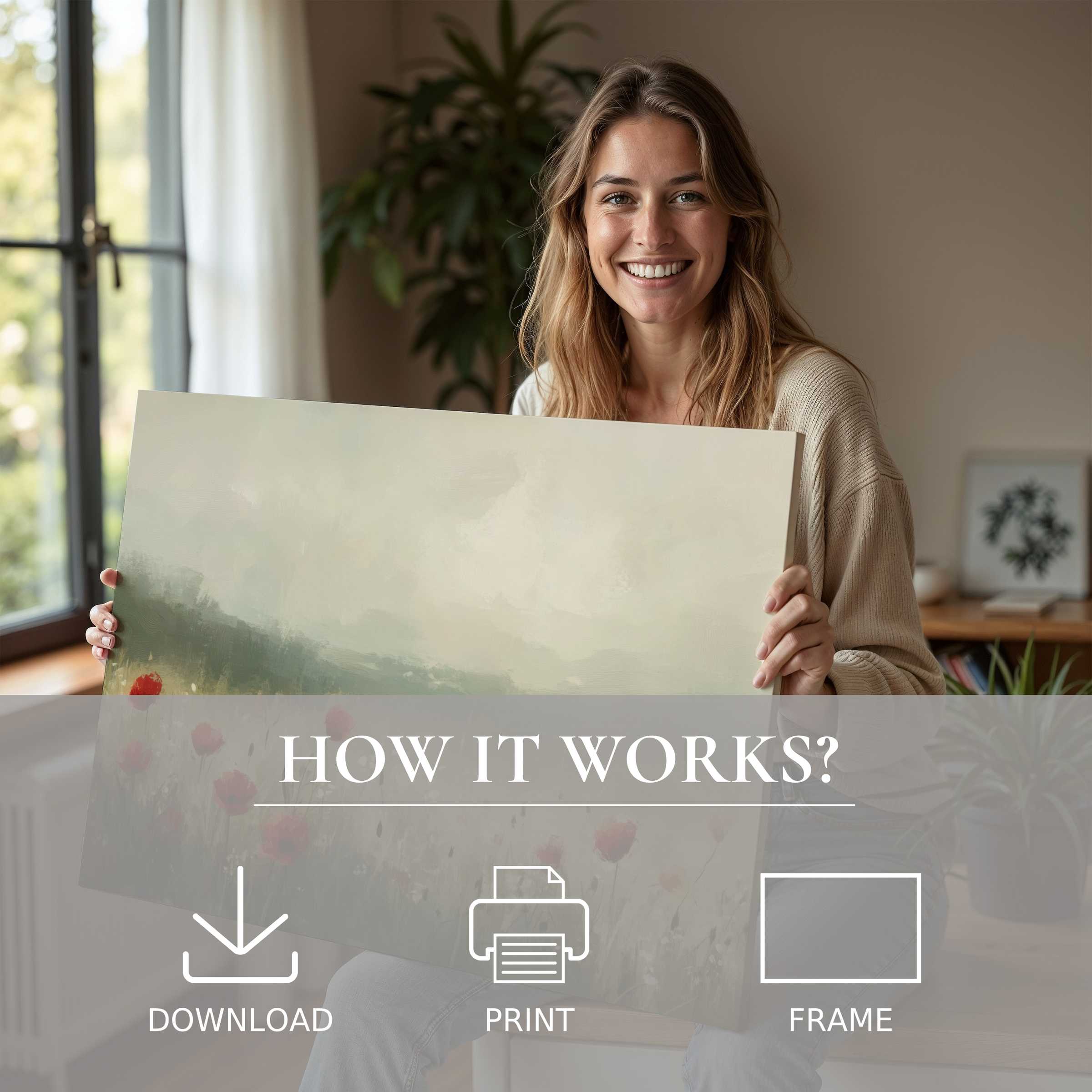 Radiant joy blooms as she embraces a spring digital art print, effortlessly elevating her serene, modern living space