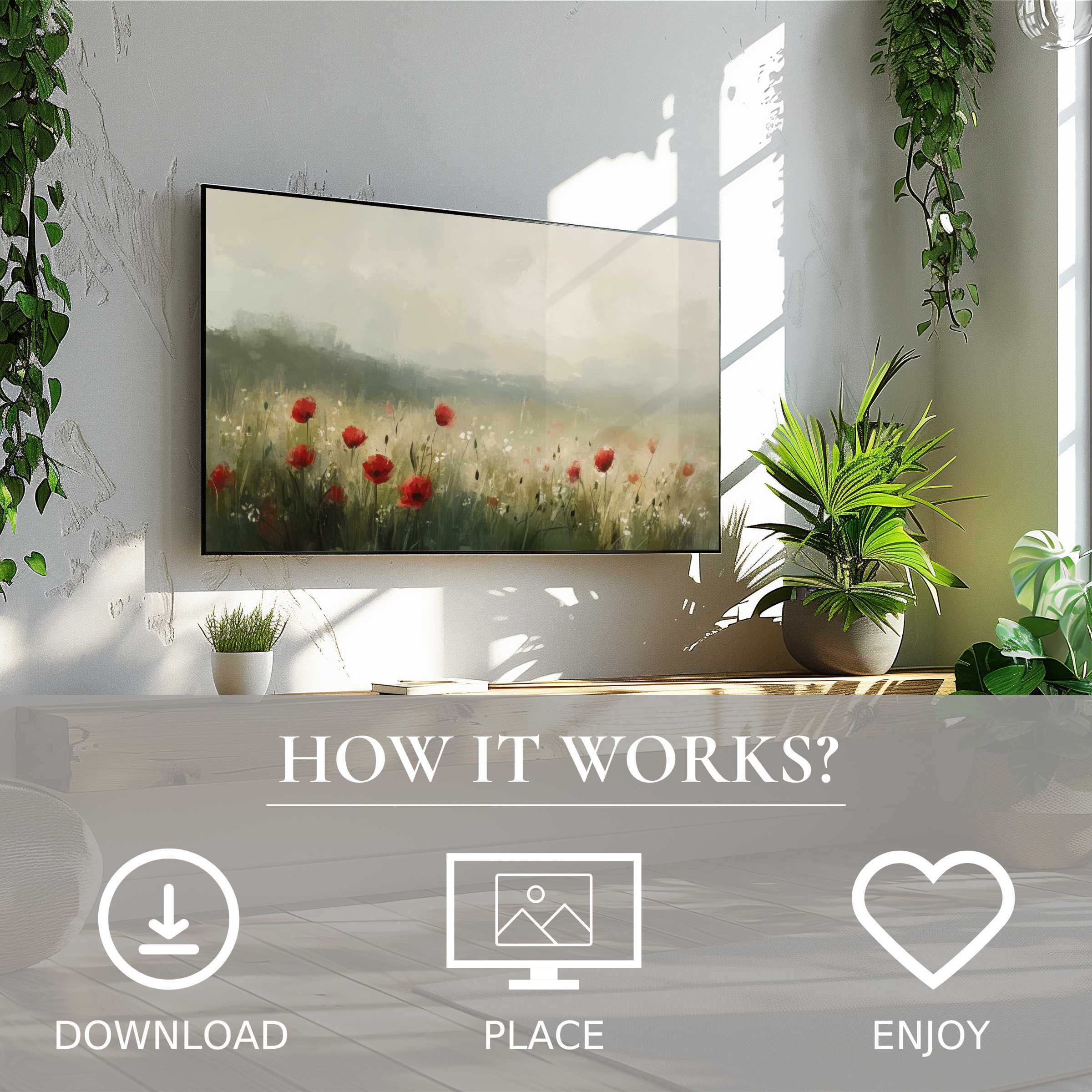 Spring art for Samsung TV shows a soft meadow with red blooms, easily downloaded to enliven modern living spaces