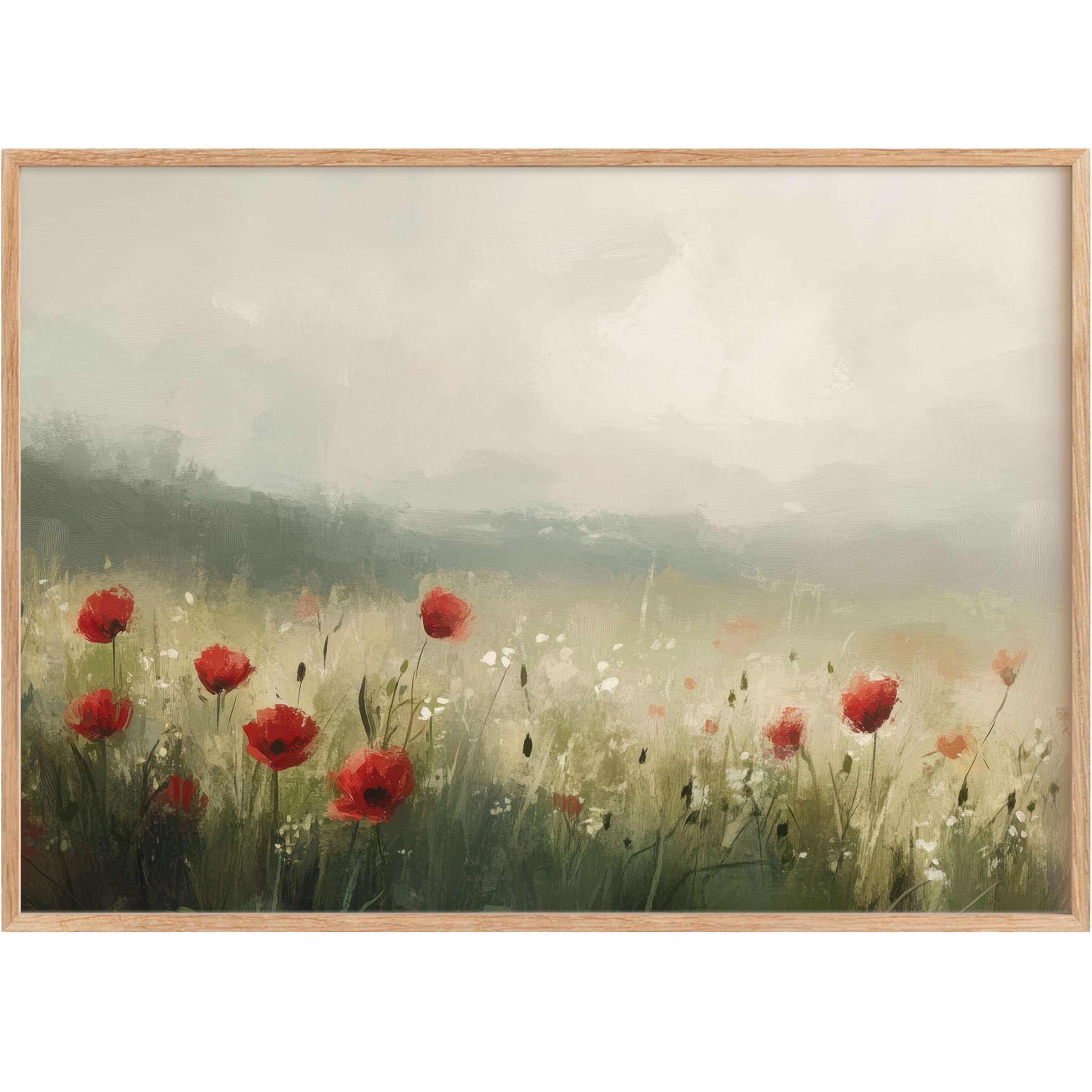 Radiant spring printable wall art with delicate red poppies and misty greens, evoking serene, elegant renewal in any home