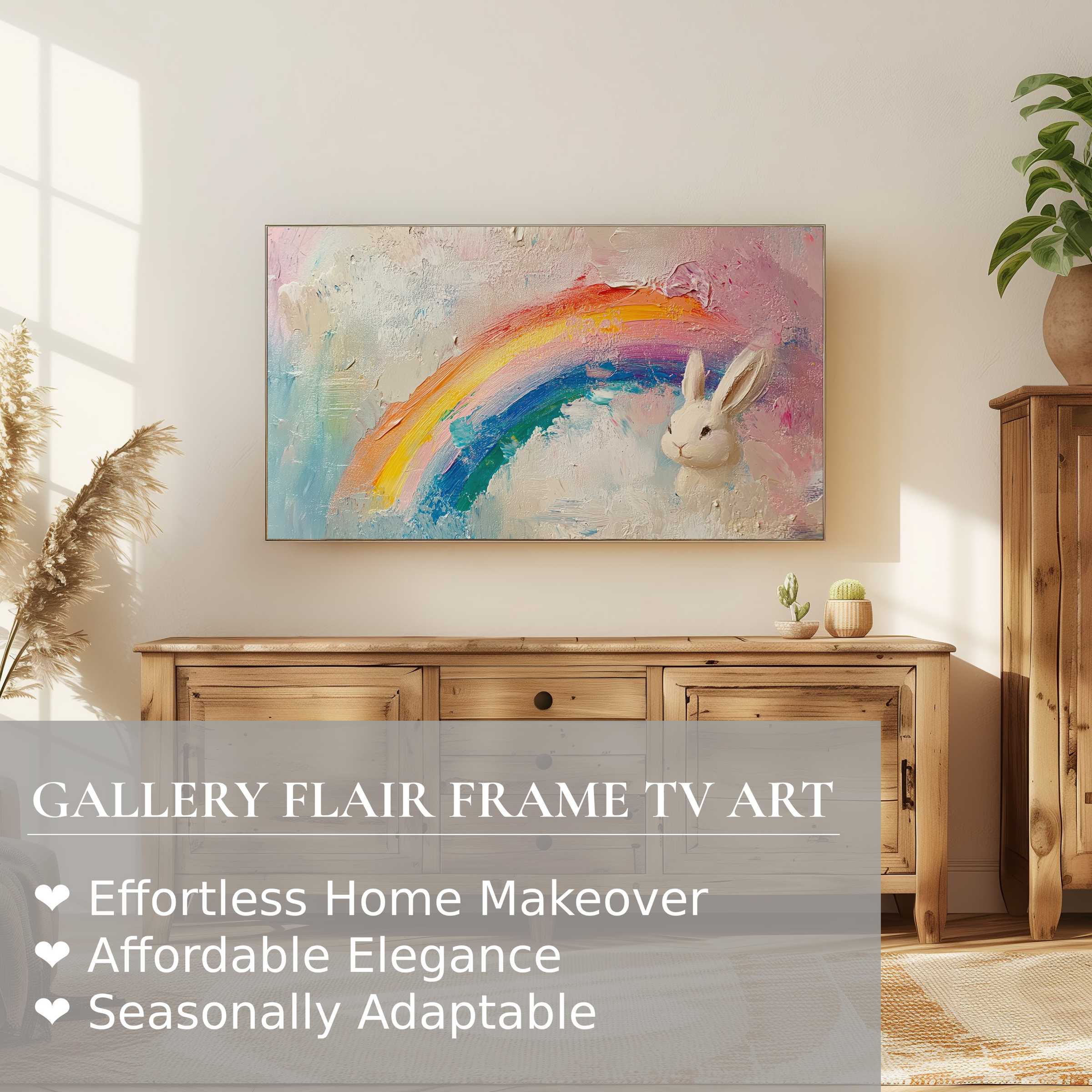 Samsung Frame TV displaying elegant easter digital artwork with pastel rainbow and bunny in a cozy modern setting