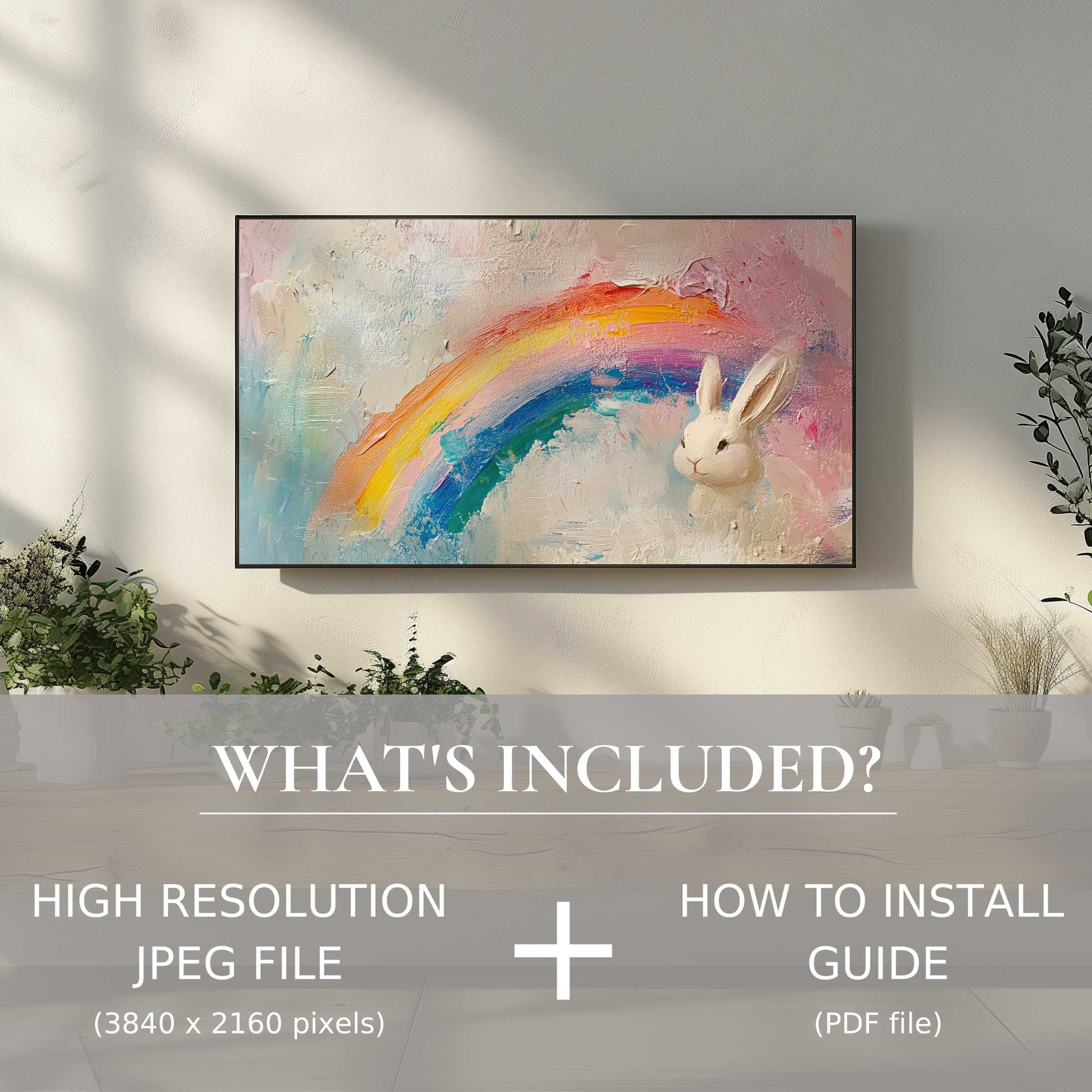 Elegant living space featuring easter digital TV art download with easy use, enhancing decor with a vibrant bunny and rainbow design