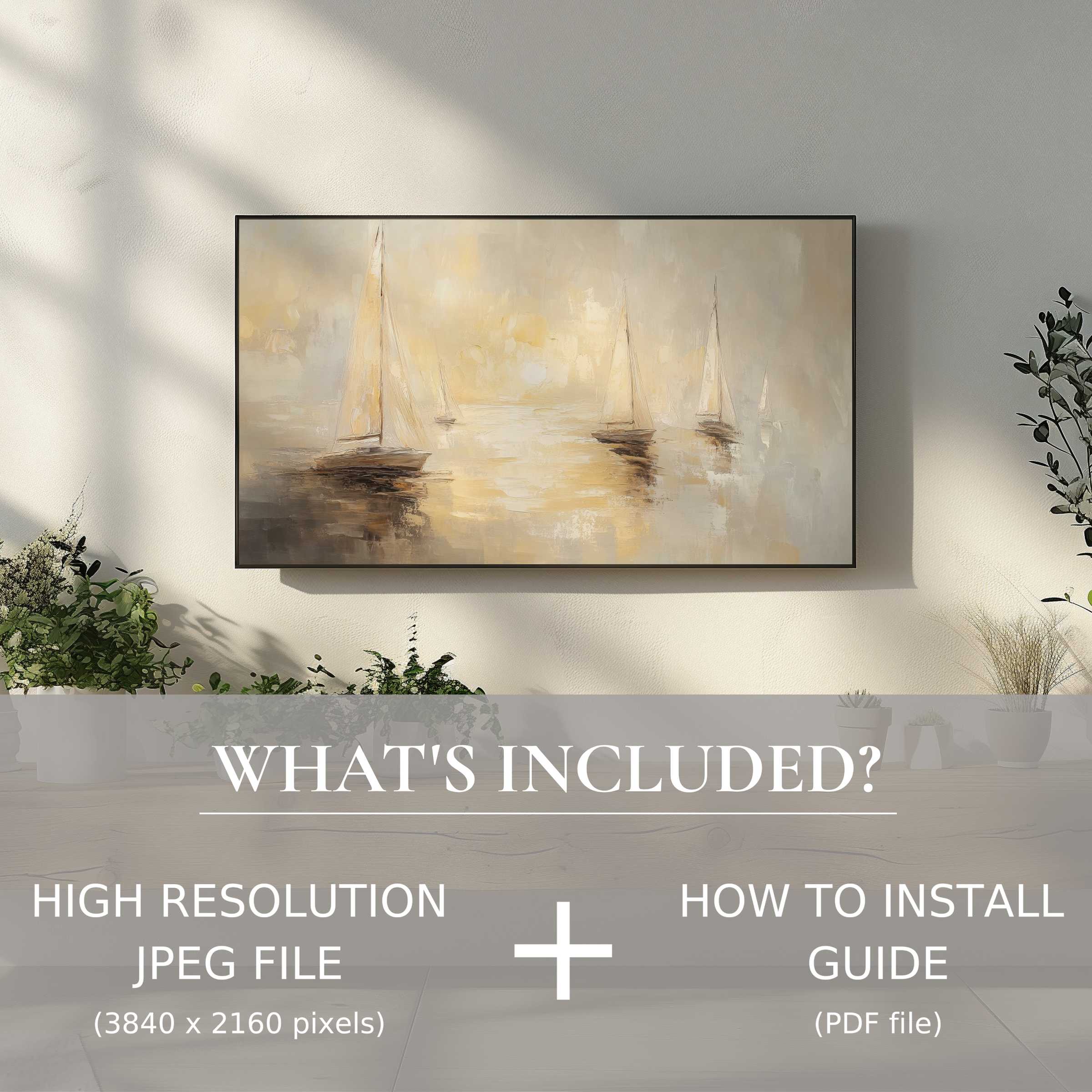 Elegant beach digital TV art download enhances living space with easy digital use, showcasing serene sailboats in soft hues