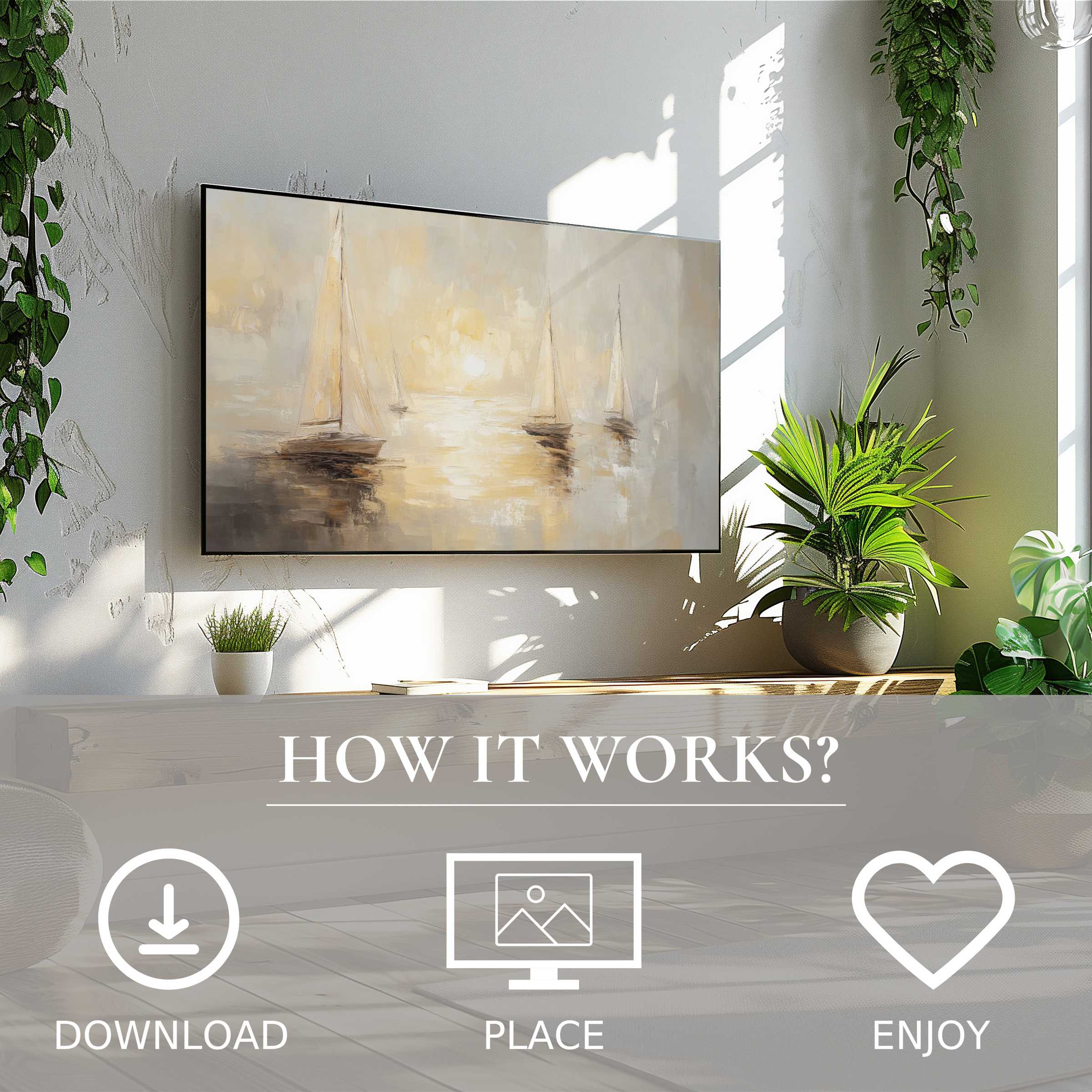 Modern living space with easy digital download beach art for Samsung TV showing soft sunset tones and sailboats